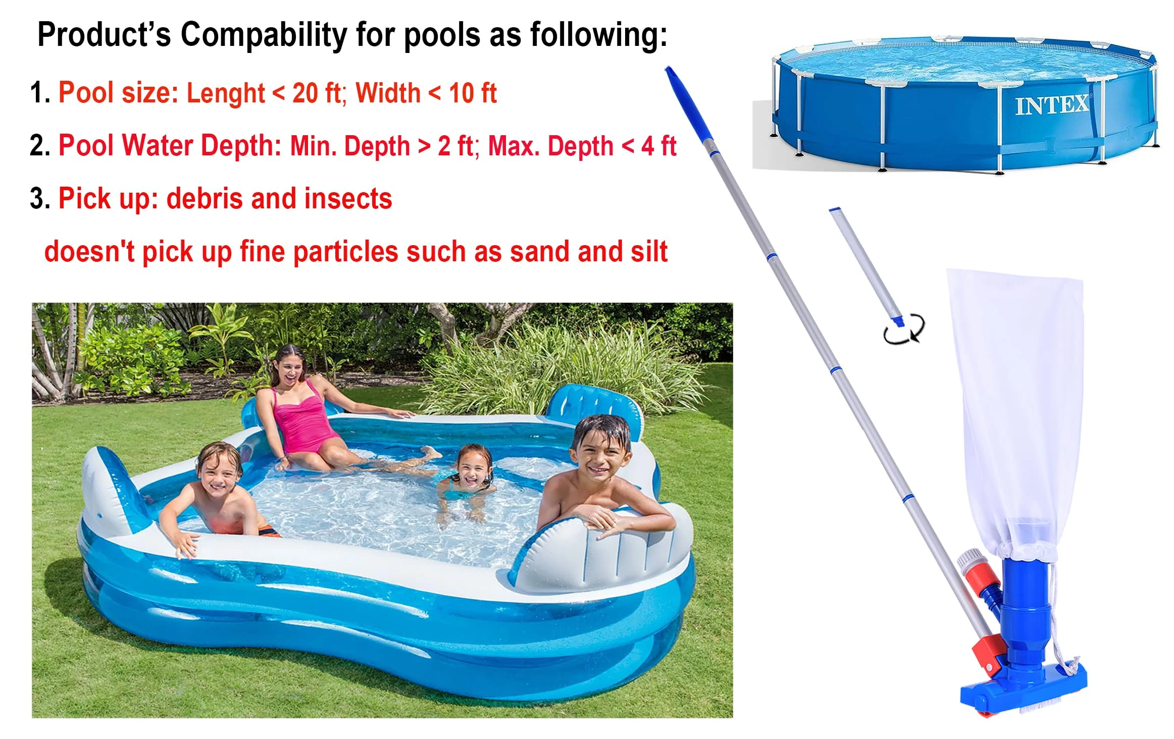 Jet Vacuum W/ 6 Section Poles of 57" for Frame Aboveground/Inflatable Pool Spa, No Electric Power Needed, Use Garden Hose Water Pressure to Vacuum (A Telescopic Pole Can Be Used with This Vacuum) - Image 8