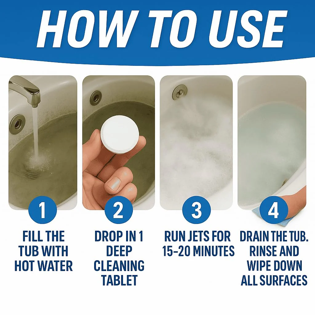 Jetted Tub Cleaner Bathtub Tabs - 12 ACTIVE Cleaning Tablets, Compatible with Whirlpool & Spa Bath System, Jets, Whirl Tubs, Professional Septic Safe Bath Jet Scale and Residue Remover - 1 Year Supply - Image 5
