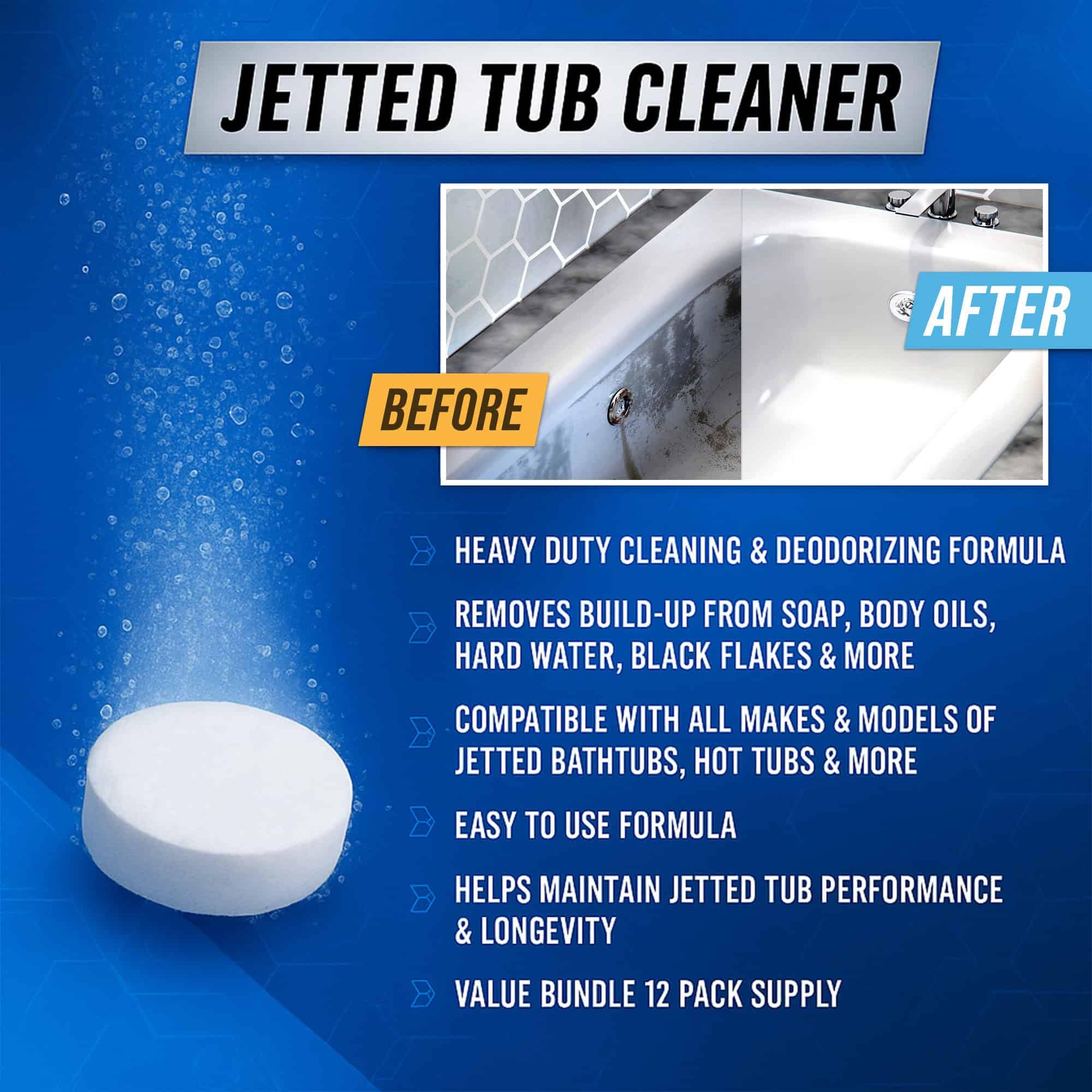 Jetted Tub Cleaner Bathtub Tabs - 12 ACTIVE Cleaning Tablets, Compatible with Whirlpool & Spa Bath System, Jets, Whirl Tubs, Professional Septic Safe Bath Jet Scale and Residue Remover - 1 Year Supply - Image 7
