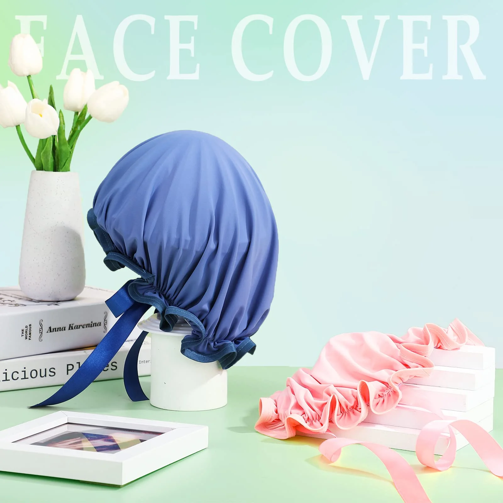 Jiuguva 4 Pieces UV Protection Tanning Face Cover Face Tanning Mask Hair Cap Protective Hair Bonnet for Women Salon, 5.91 x 4.33 Inches(Blue, Pink) - Image 2