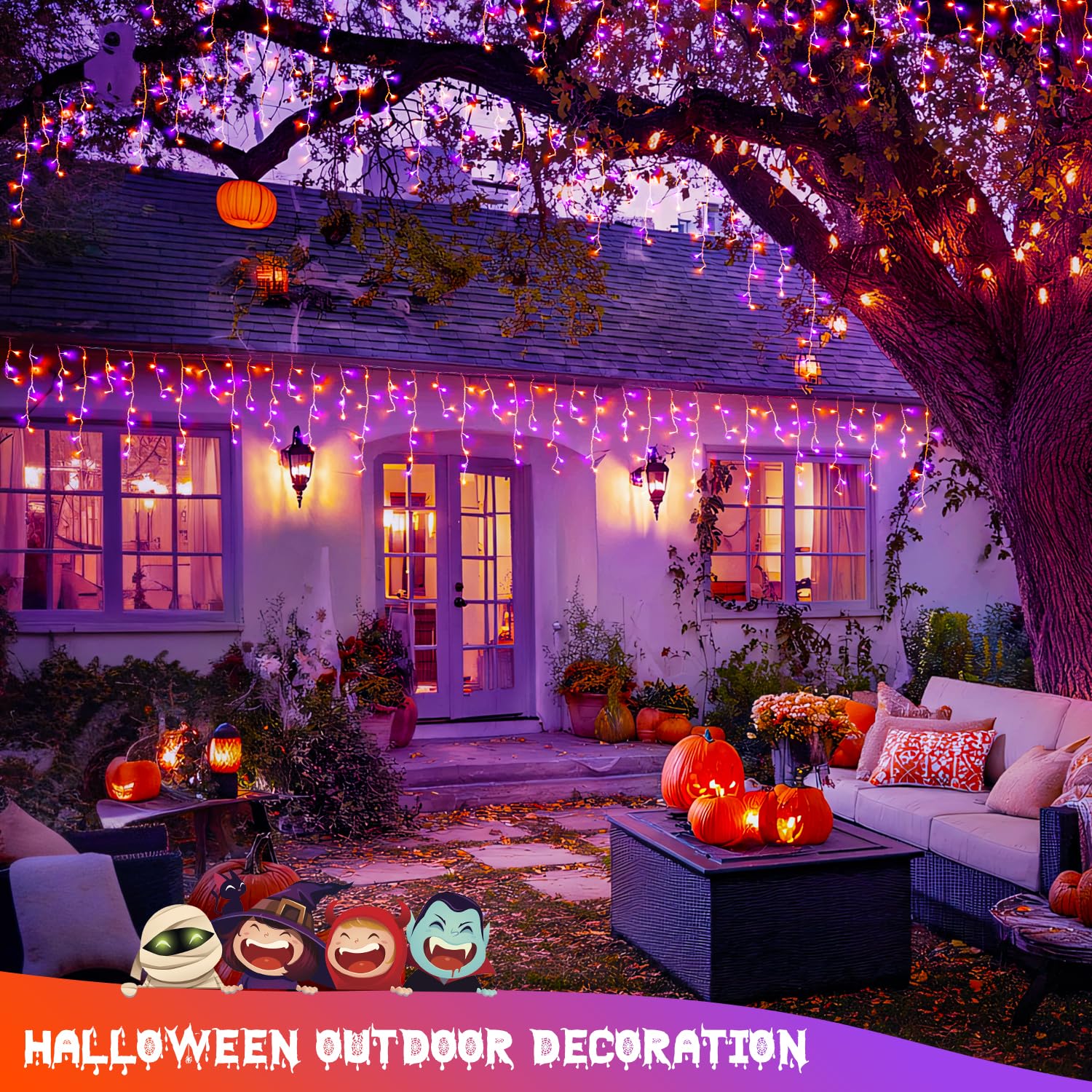 JMEXSUSS 400 LED Orange and Purple Halloween Lights Outdoor, 38.8 FT Orange and Purple Icicle Light Outdoor Waterproof, 8 Modes Halloween Lights Plug in for House Christmas Party Decorations - Image 2