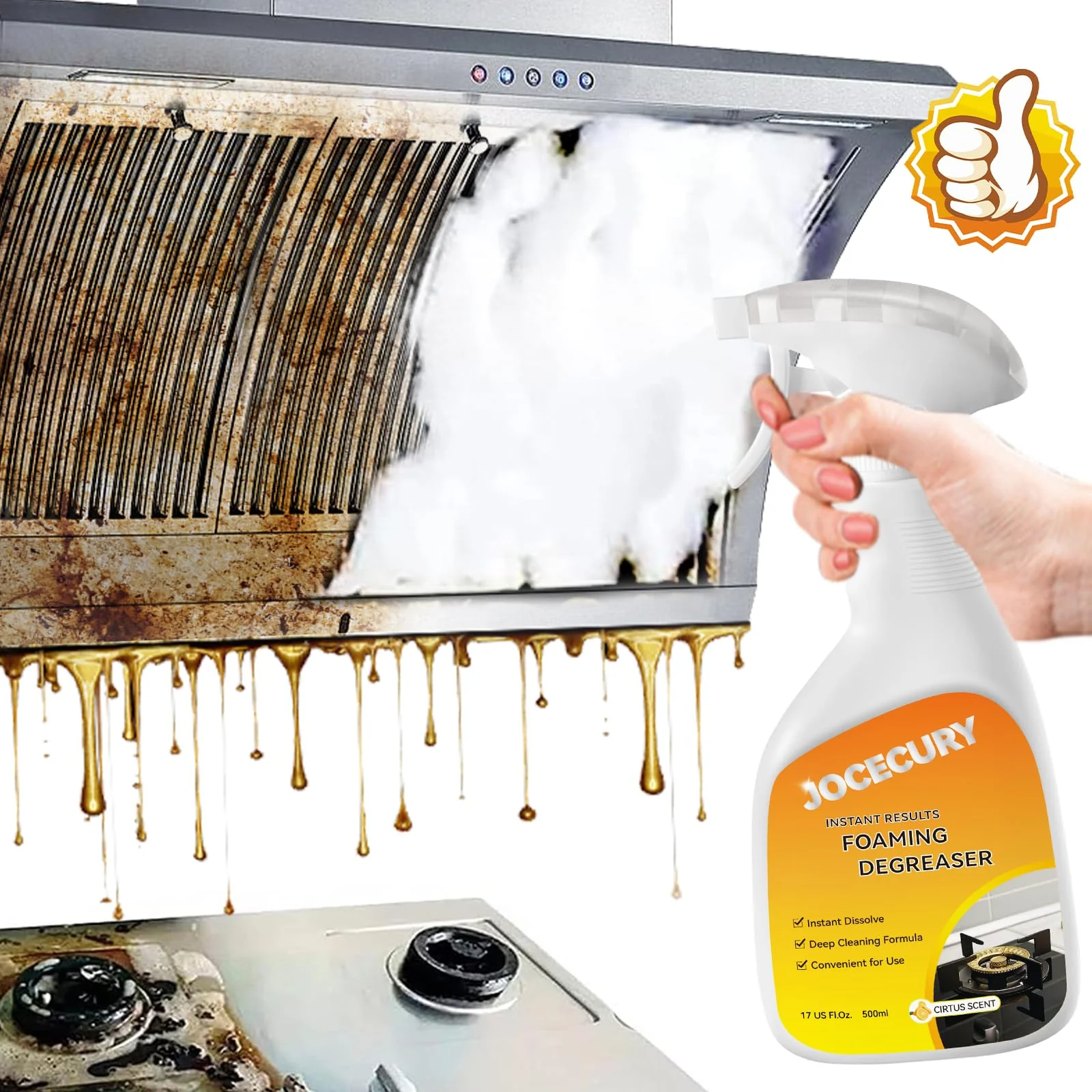 Jocecury 500ml Powerful Kitchen Degreaser Foam Spray – Multipurpose Grease Remover for Pots, Pans, Countertops & Appliances with 2-in-1 No-Rinse Dual Spray Nozzle (Lemon)
