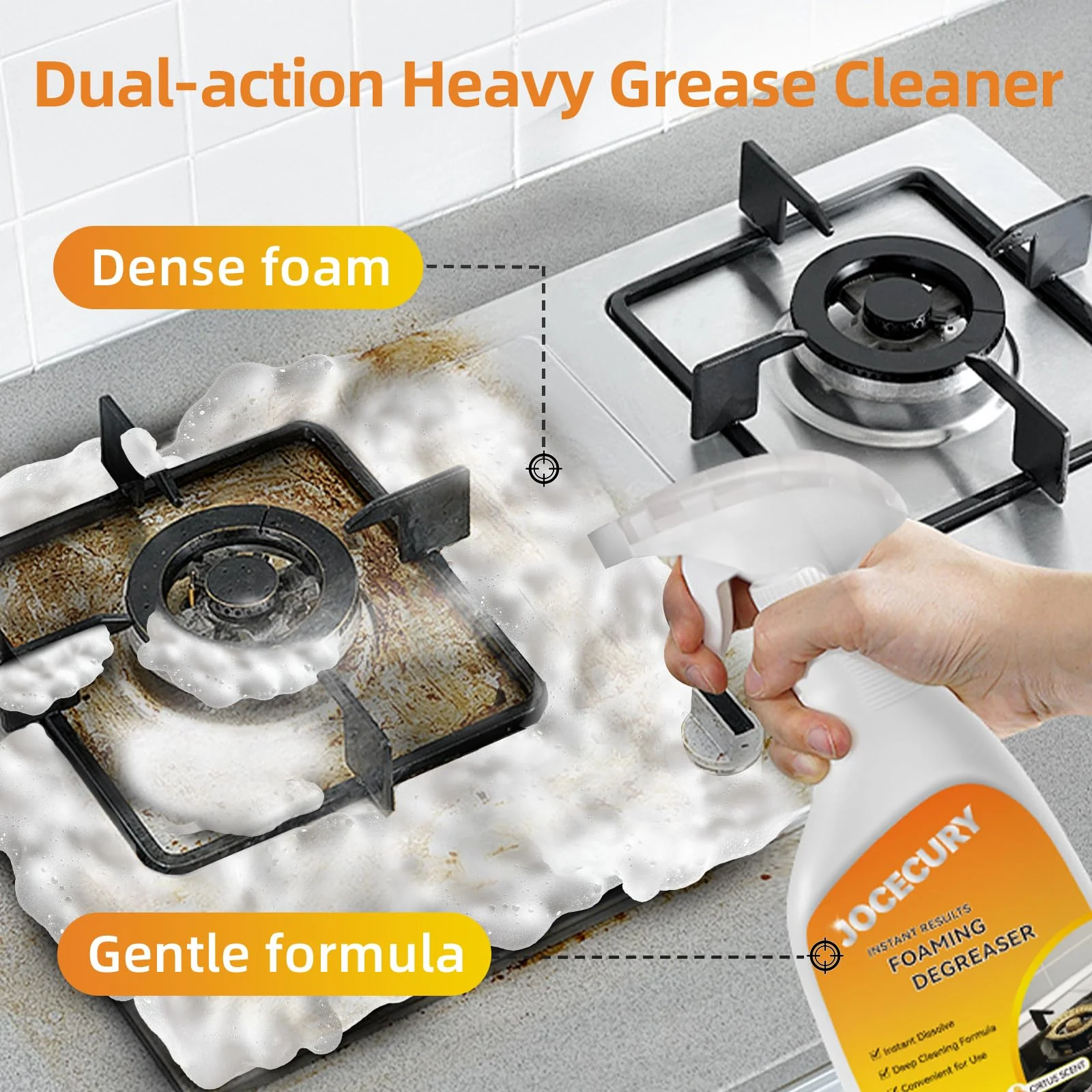 Jocecury 500ml Powerful Kitchen Degreaser Foam Spray – Multipurpose Grease Remover for Pots, Pans, Countertops & Appliances with 2-in-1 No-Rinse Dual Spray Nozzle (Lemon) - Image 5