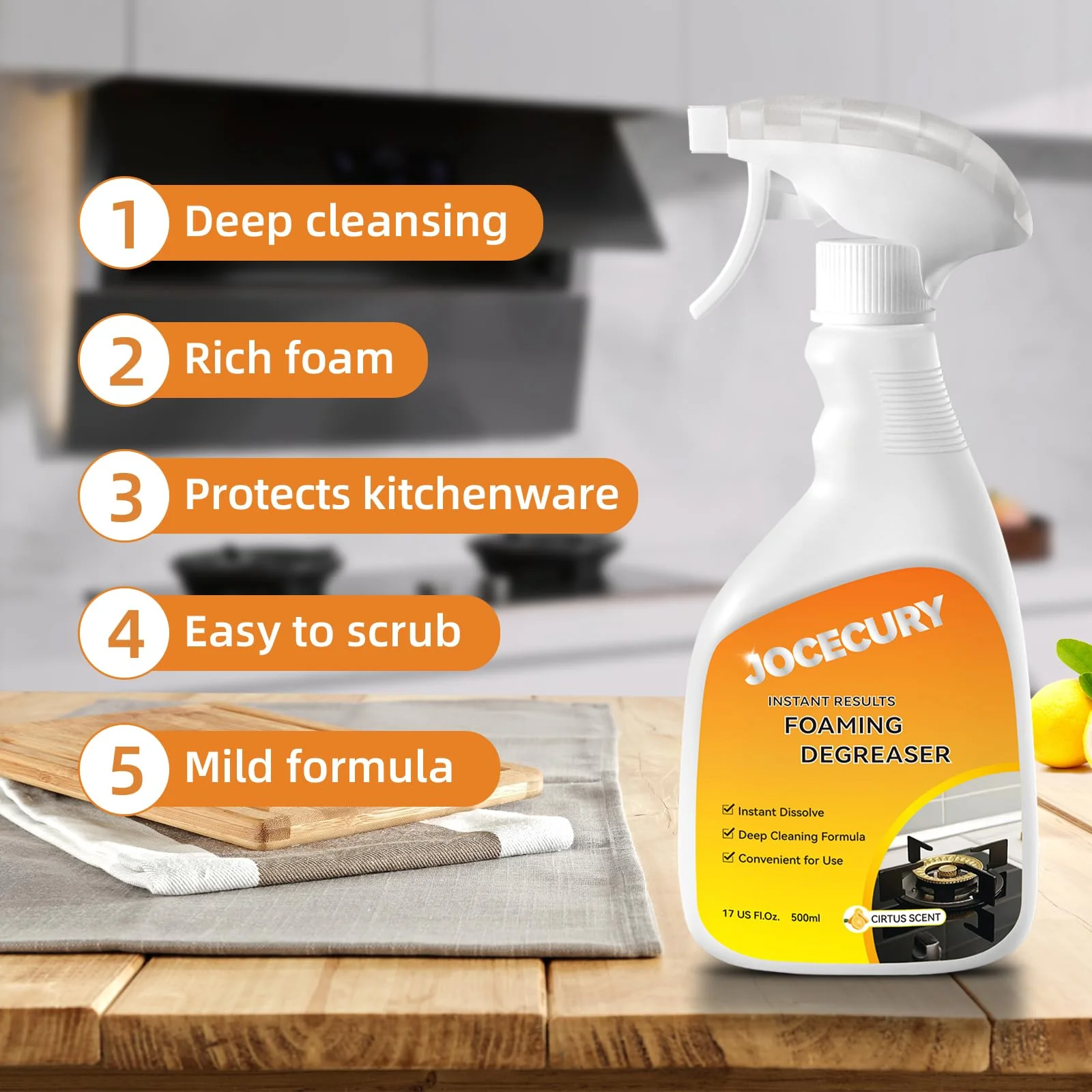 Jocecury 500ml Powerful Kitchen Degreaser Foam Spray – Multipurpose Grease Remover for Pots, Pans, Countertops & Appliances with 2-in-1 No-Rinse Dual Spray Nozzle (Lemon) - Image 6