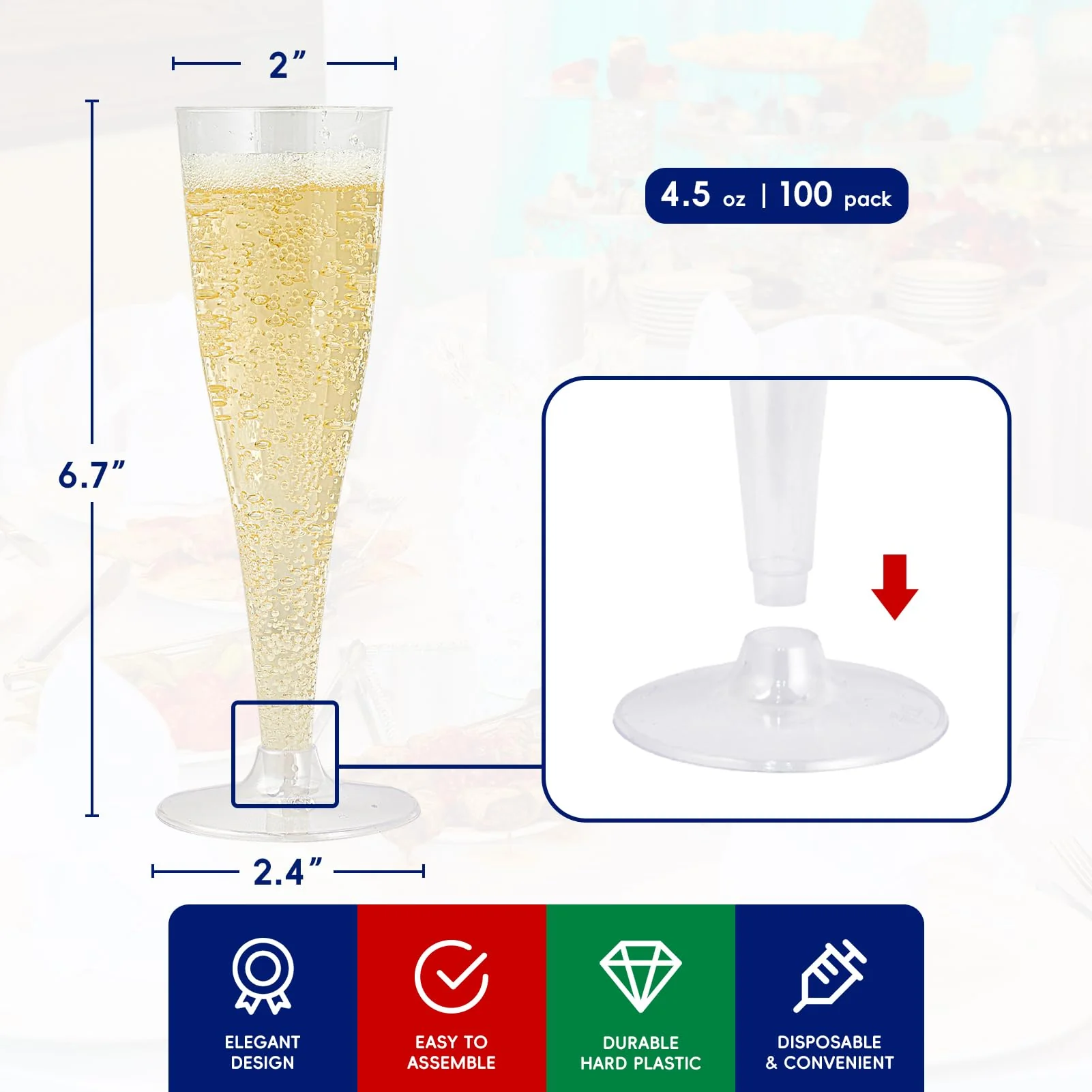 JOLLY CHEF 100 Pack Plastic Champagne Flutes Disposable 4.5 oz Clear Plastic Champagne Glasses Suitable for Wedding, Thanksgiving Day, Christmas - Image 9