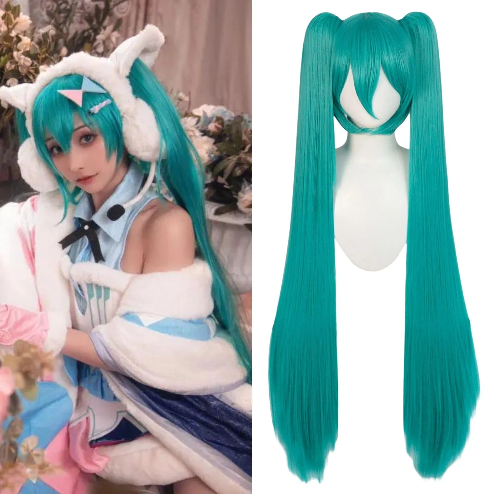JoneTing 120CM/47inches Green Wigs【+Hair Cap】 Long Greenish Wig with 2 Ponytails for Women Long Straight Green Wigs with Bangs for Cosplay Wig Synthetic Hair for Halloween Christmas Party - Image 2