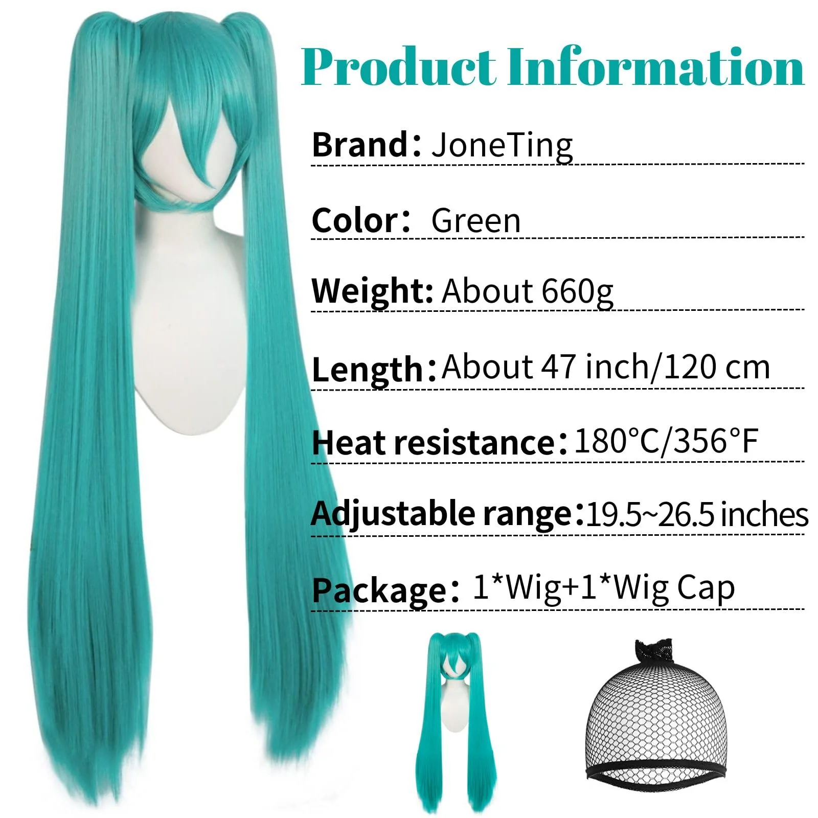 JoneTing 120CM/47inches Green Wigs【+Hair Cap】 Long Greenish Wig with 2 Ponytails for Women Long Straight Green Wigs with Bangs for Cosplay Wig Synthetic Hair for Halloween Christmas Party - Image 7