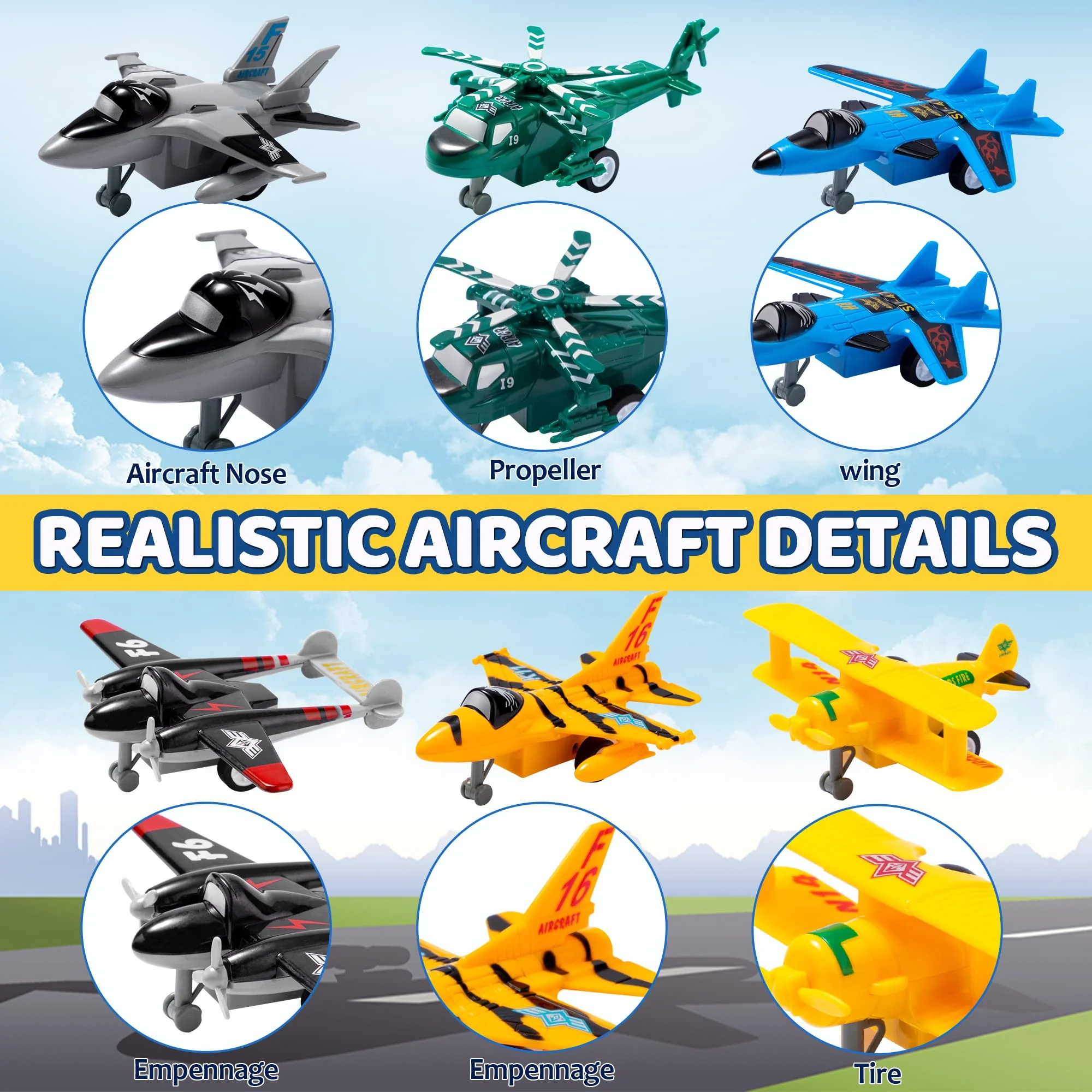 JOYIN 16 Pcs Pull Back Airplane Toys, Boys Plane Playset, Aircraft Incl Helicopter, Fighter, Bomber, Gifts for Toddler Kids 3+ Years Old, Christmas Kids Gifts, Treasure Box Toys for Classroom - Image 3