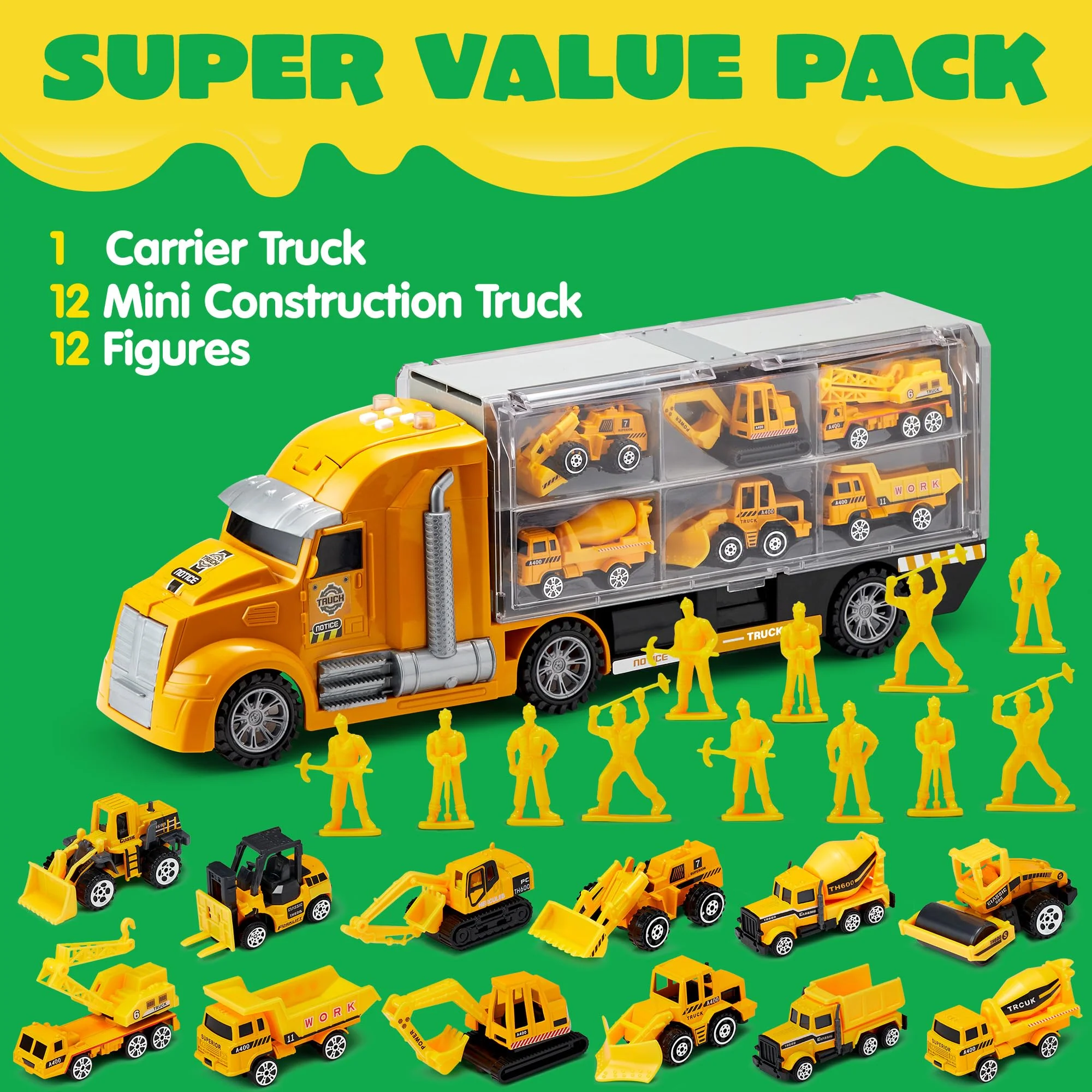 JOYIN 25 in 1 Kids Construction Truck Toy Set, 24Pcs Push and Go Cars and Worker Figures, Toddler Play Vehicles with Sounds and Light, Christmas Birthday Gifts Toys for 3 4 5 6 7 Years Old Grandkids - Image 8