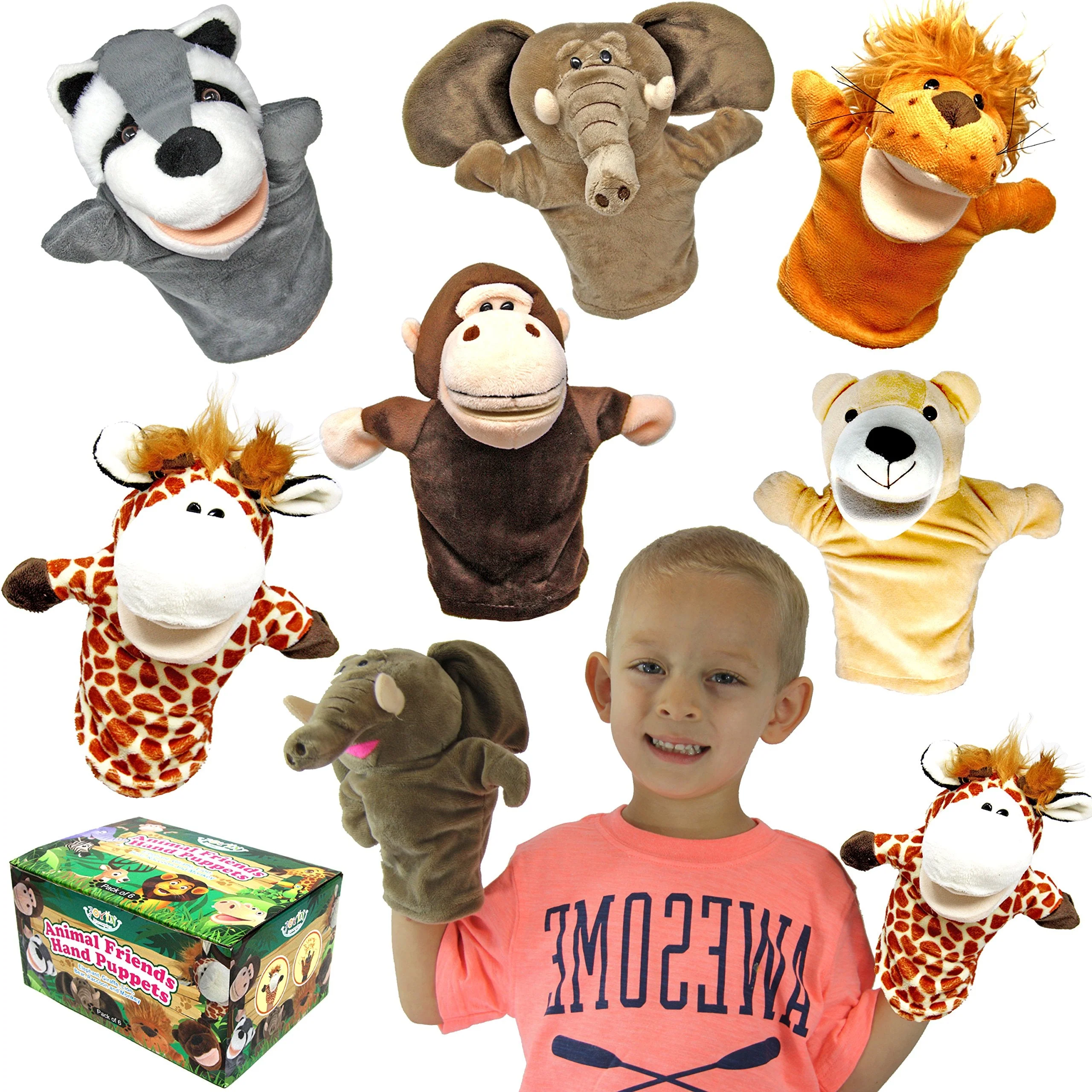 JOYIN 6Pcs Kids Hand Puppet Set with Working Mouth, Toddler Animal Plush Toy Includes Elephant, Giraffe, Lion, Bear, Raccoon and Monkey for Show Theater, Christmas Birthday Gifts for Kid - Image 2