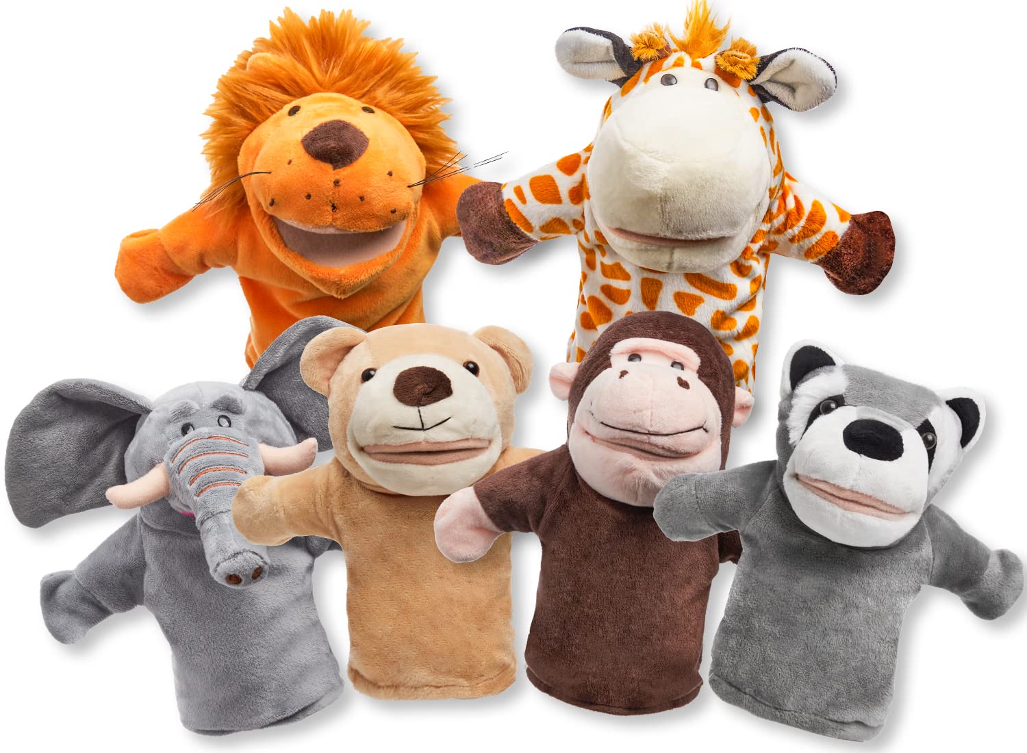 JOYIN 6Pcs Kids Hand Puppet Set with Working Mouth, Toddler Animal Plush Toy Includes Elephant, Giraffe, Lion, Bear, Raccoon and Monkey for Show Theater, Christmas Birthday Gifts for Kid - Image 3