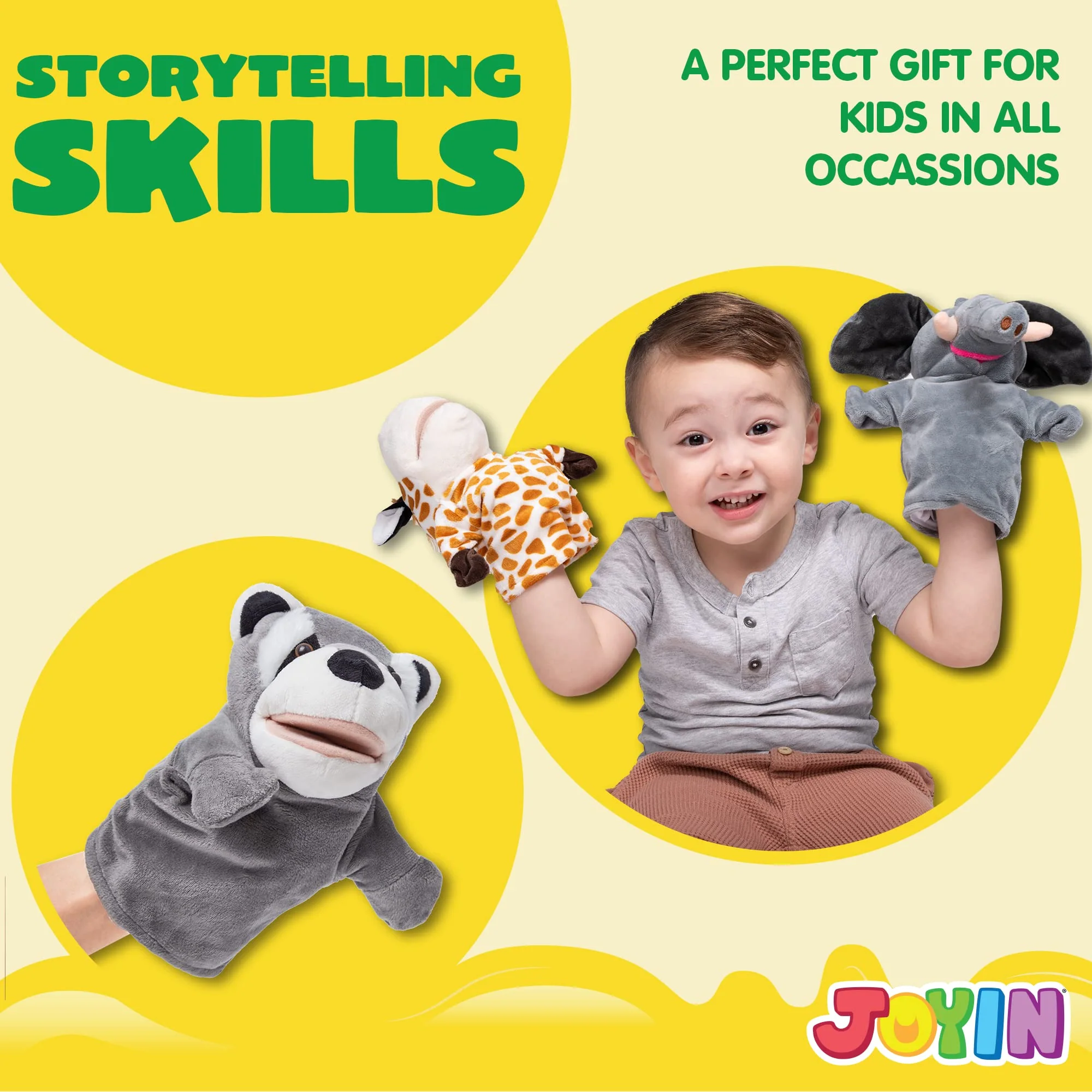 JOYIN 6Pcs Kids Hand Puppet Set with Working Mouth, Toddler Animal Plush Toy Includes Elephant, Giraffe, Lion, Bear, Raccoon and Monkey for Show Theater, Christmas Birthday Gifts for Kid - Image 8