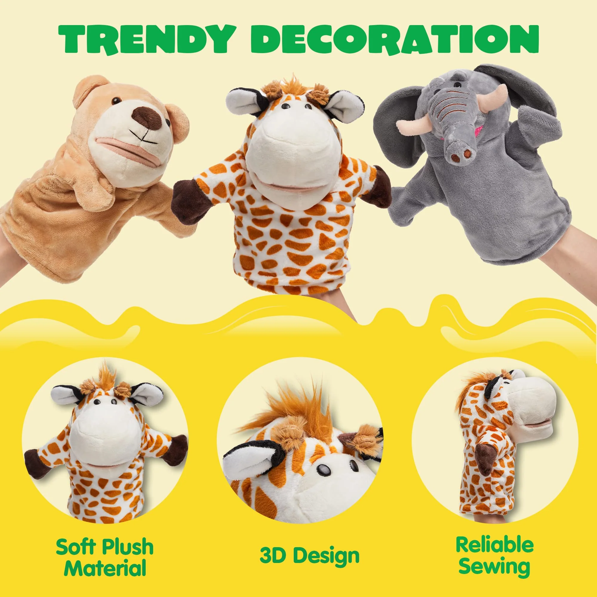 JOYIN 6Pcs Kids Hand Puppet Set with Working Mouth, Toddler Animal Plush Toy Includes Elephant, Giraffe, Lion, Bear, Raccoon and Monkey for Show Theater, Christmas Birthday Gifts for Kid - Image 9
