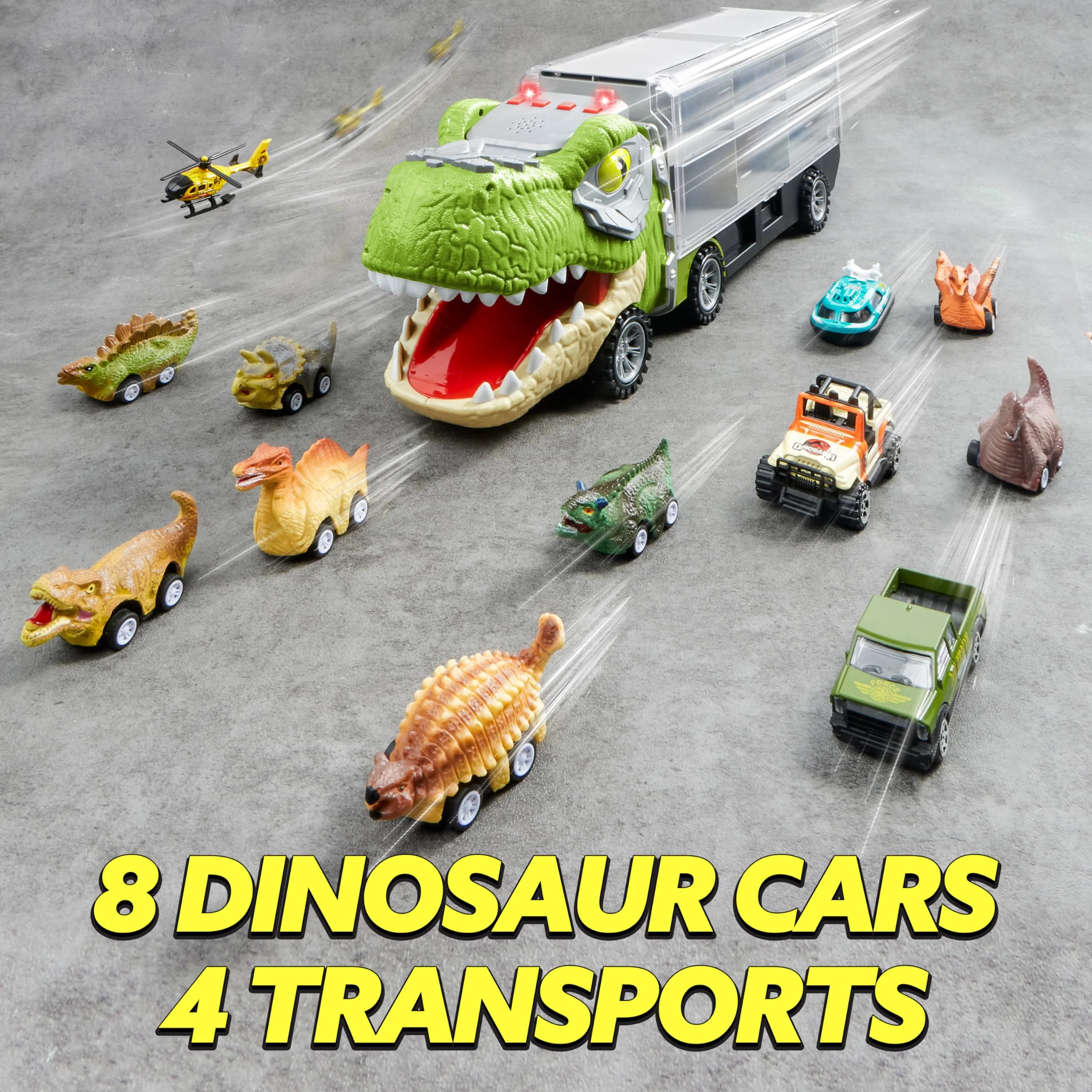 JOYIN Dinosaur Truck Toys for Kids Age 3-8, 12 Pull Back Car Vehicles, Transport Truck With Music, Roaring Sound, Flashing Lights, 1 Helicopter - Image 6