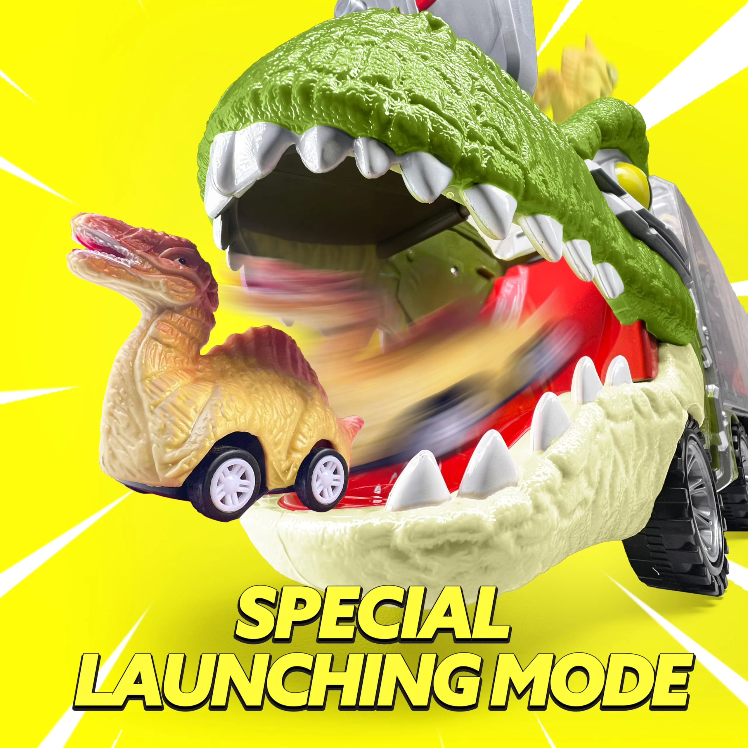 JOYIN Dinosaur Truck Toys for Kids Age 3-8, 12 Pull Back Car Vehicles, Transport Truck With Music, Roaring Sound, Flashing Lights, 1 Helicopter - Image 8