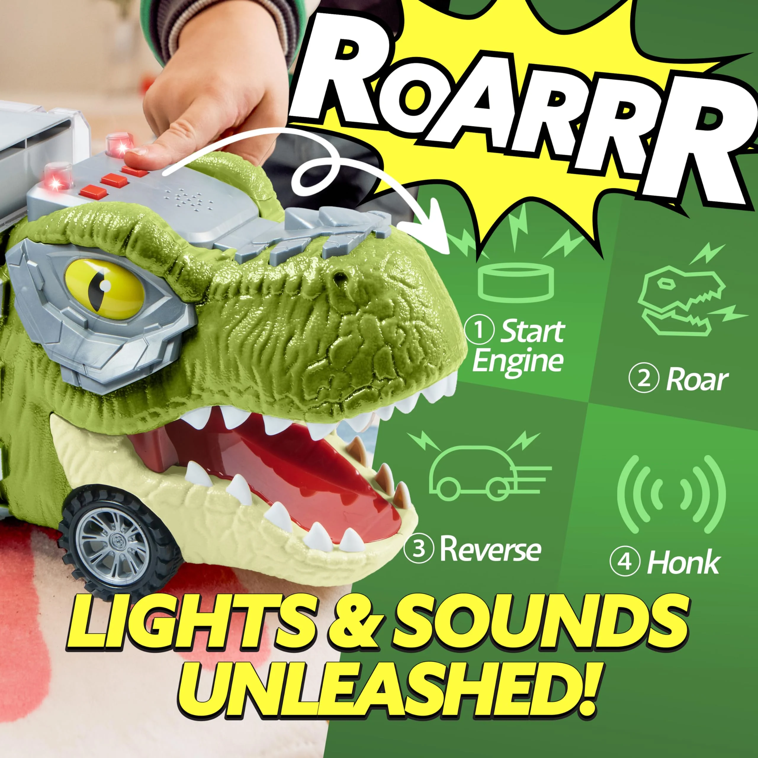 JOYIN Dinosaur Truck Toys for Kids Age 3-8, 12 Pull Back Car Vehicles, Transport Truck With Music, Roaring Sound, Flashing Lights, 1 Helicopter - Image 9