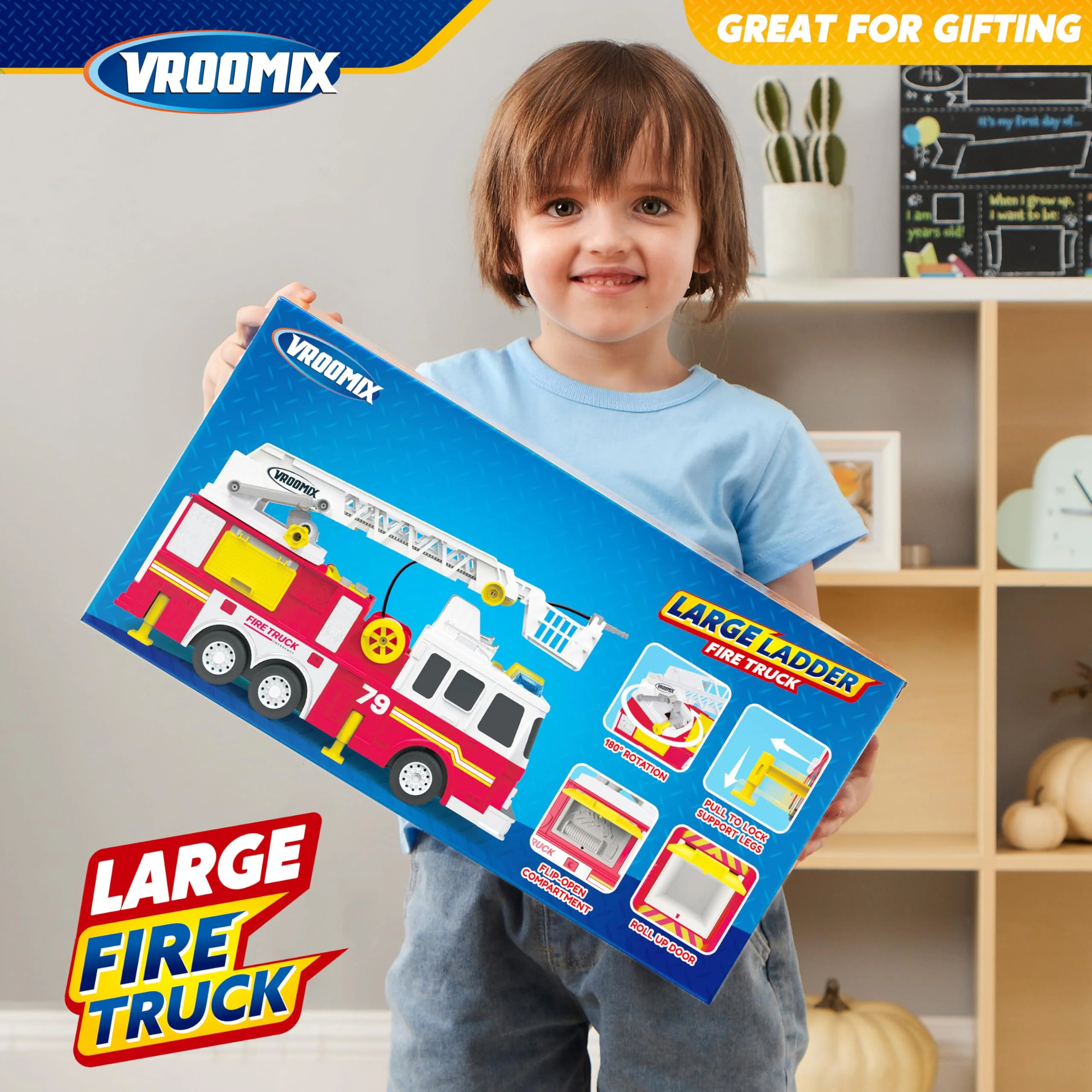 JOYIN Extra Large Toddler Fire Truck Toys for Boys with 33-inch Ladder, Lights & Sprinkler Pump, Big Emergency Vehicle, Kids Toys for Age 3, 4, 5, 6, 7, Christmas Birthday Gift for Grandkids - Image 2