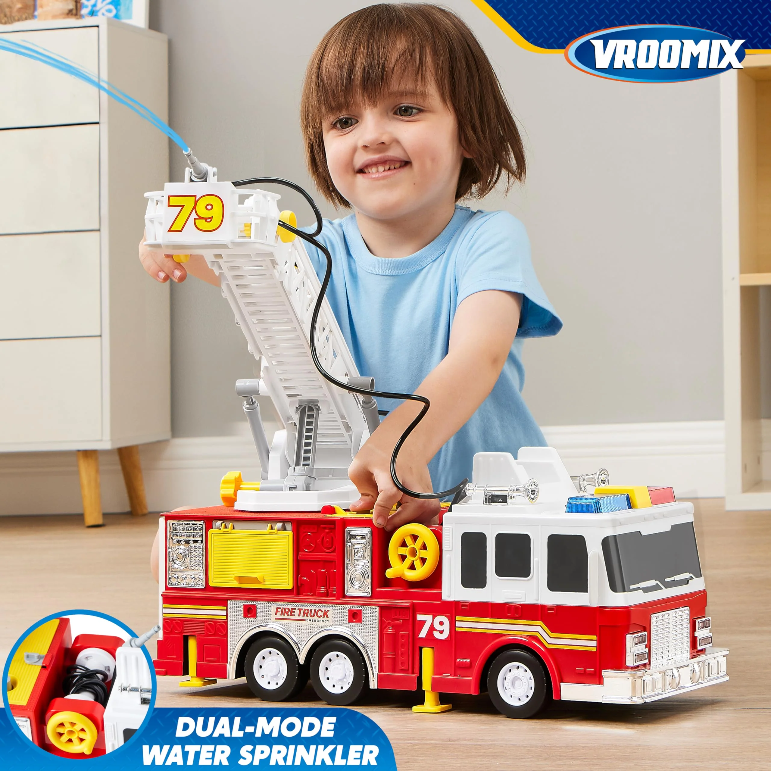 JOYIN Extra Large Toddler Fire Truck Toys for Boys with 33-inch Ladder, Lights & Sprinkler Pump, Big Emergency Vehicle, Kids Toys for Age 3, 4, 5, 6, 7, Christmas Birthday Gift for Grandkids - Image 3