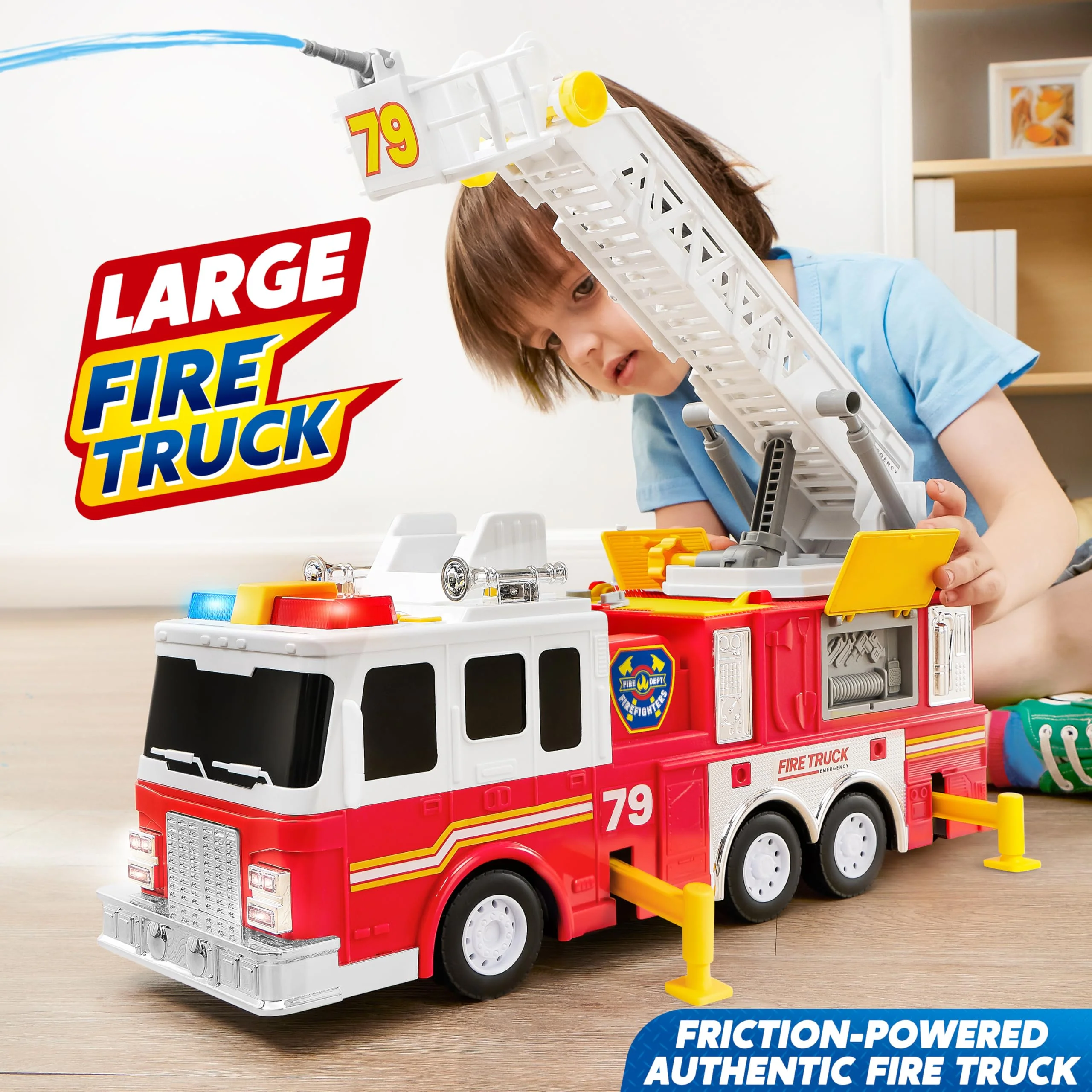 JOYIN Extra Large Toddler Fire Truck Toys for Boys with 33-inch Ladder, Lights & Sprinkler Pump, Big Emergency Vehicle, Kids Toys for Age 3, 4, 5, 6, 7, Christmas Birthday Gift for Grandkids - Image 6