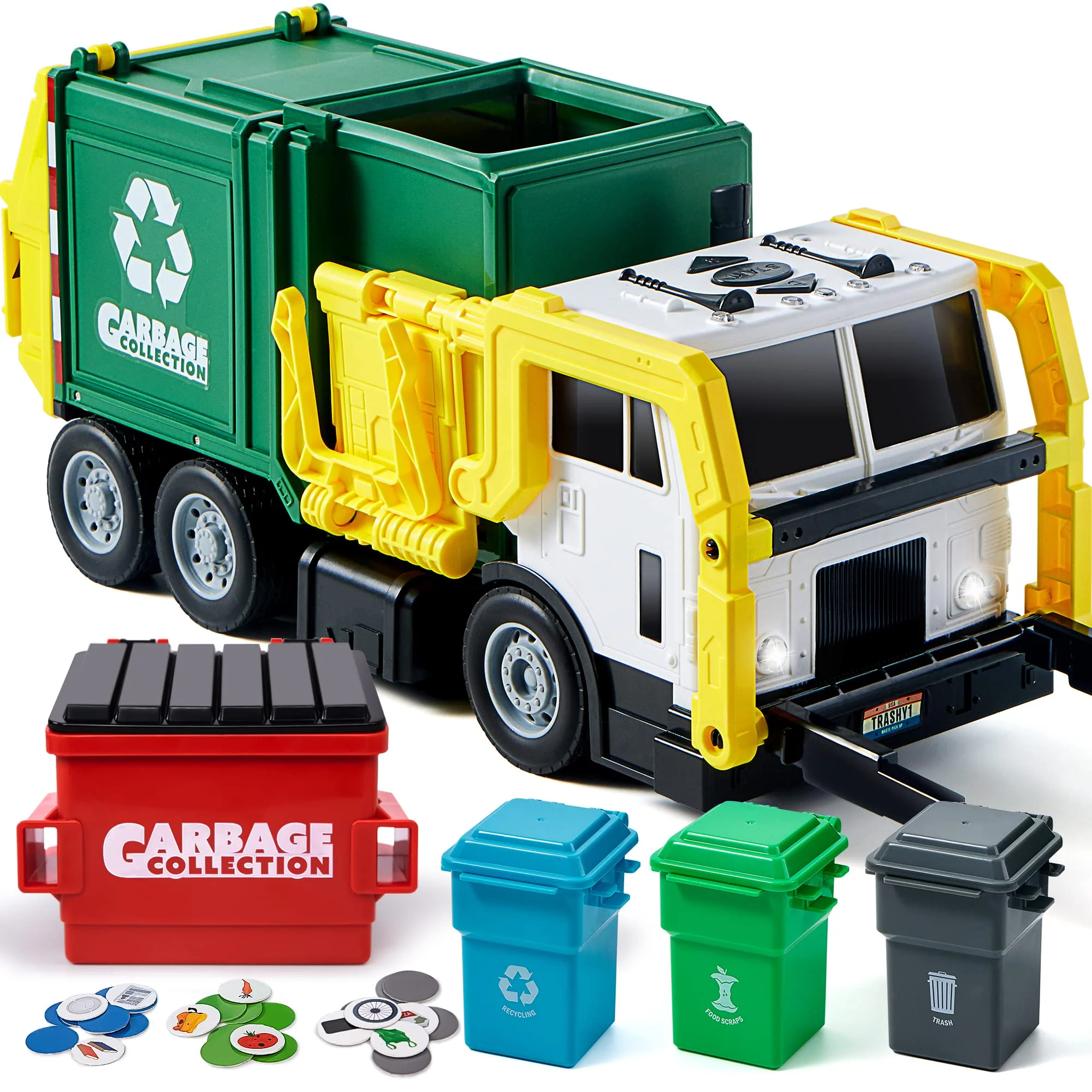 JOYIN Garbage Truck Toys, Toys for 3 4 5 6 7 8+Years Old Boys, Bin Lorry Toy, Realistic Big Garbage Truck with Lights and Sounds,Front Load Dumpster,Trash Bins with Trash Cards,Birthday Gifts for Boys