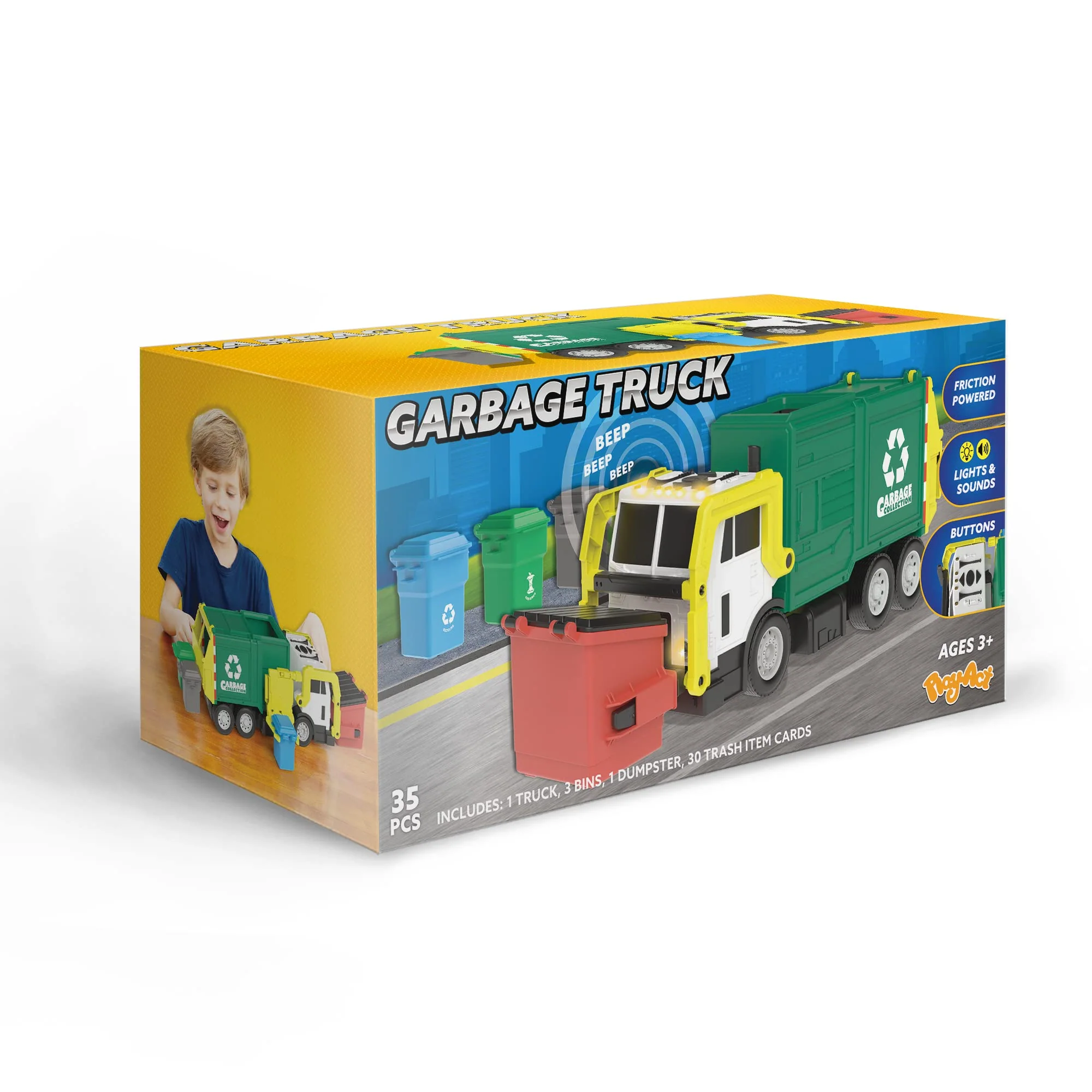 JOYIN Large Friction Powered Garbage Truck Toy Set, Includes Dumpster, Trash Bins, and Learning Cards for Kids, Boy Toys Birthday Gift for Boys Girls Kids Toddler Gift for Christmas - Image 3