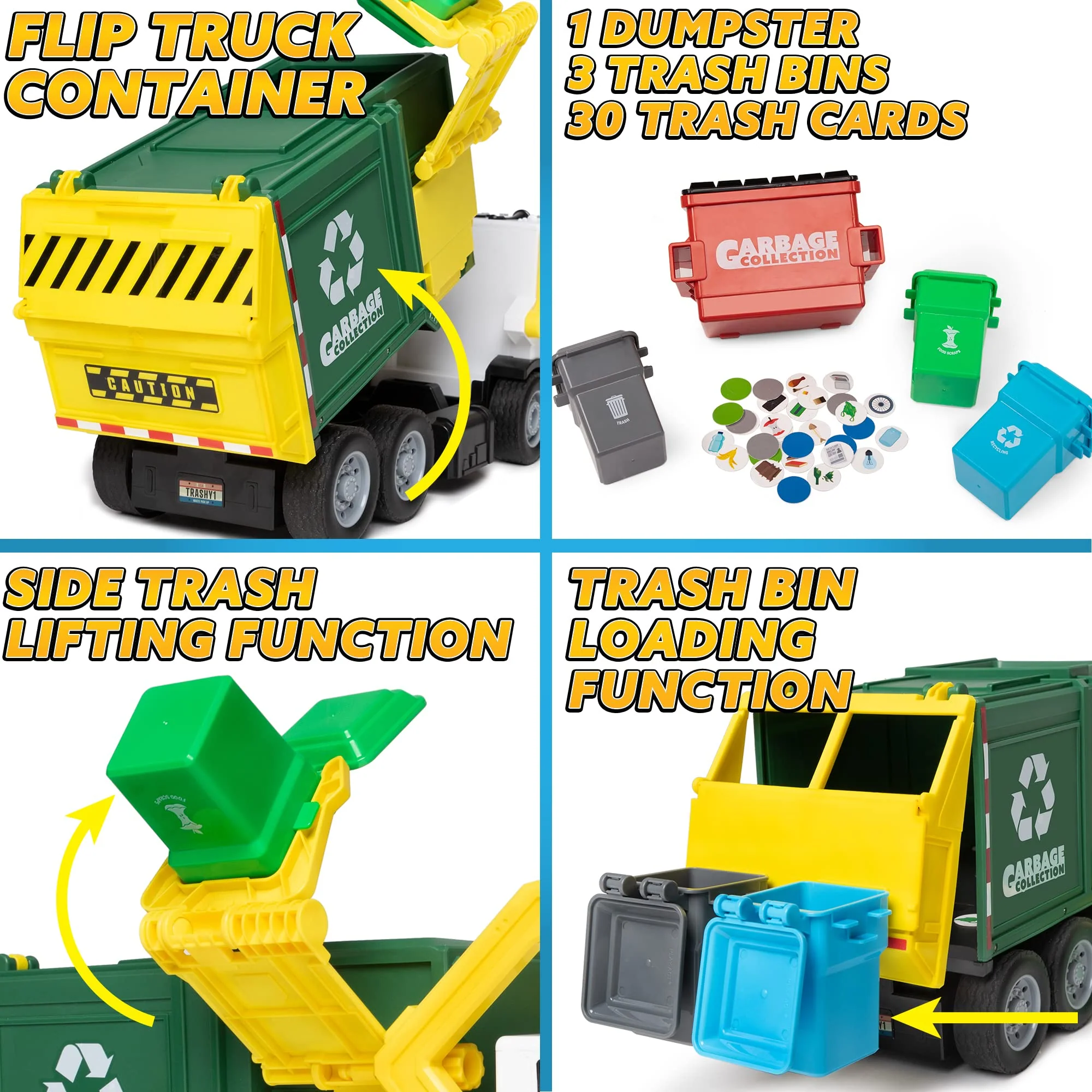 JOYIN Large Friction Powered Garbage Truck Toy Set, Includes Dumpster, Trash Bins, and Learning Cards for Kids, Boy Toys Birthday Gift for Boys Girls Kids Toddler Gift for Christmas - Image 6