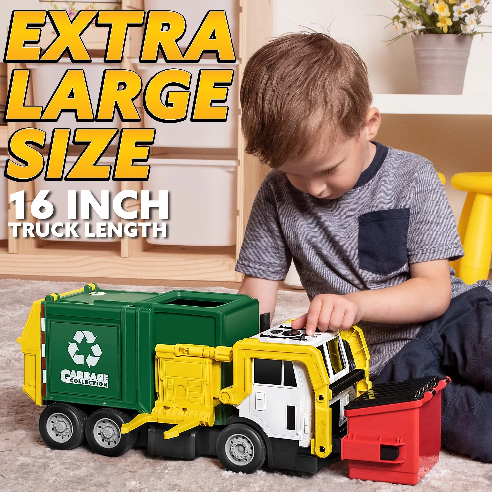 JOYIN Large Friction Powered Garbage Truck Toy Set, Includes Dumpster, Trash Bins, and Learning Cards for Kids, Boy Toys Birthday Gift for Boys Girls Kids Toddler Gift for Christmas - Image 8