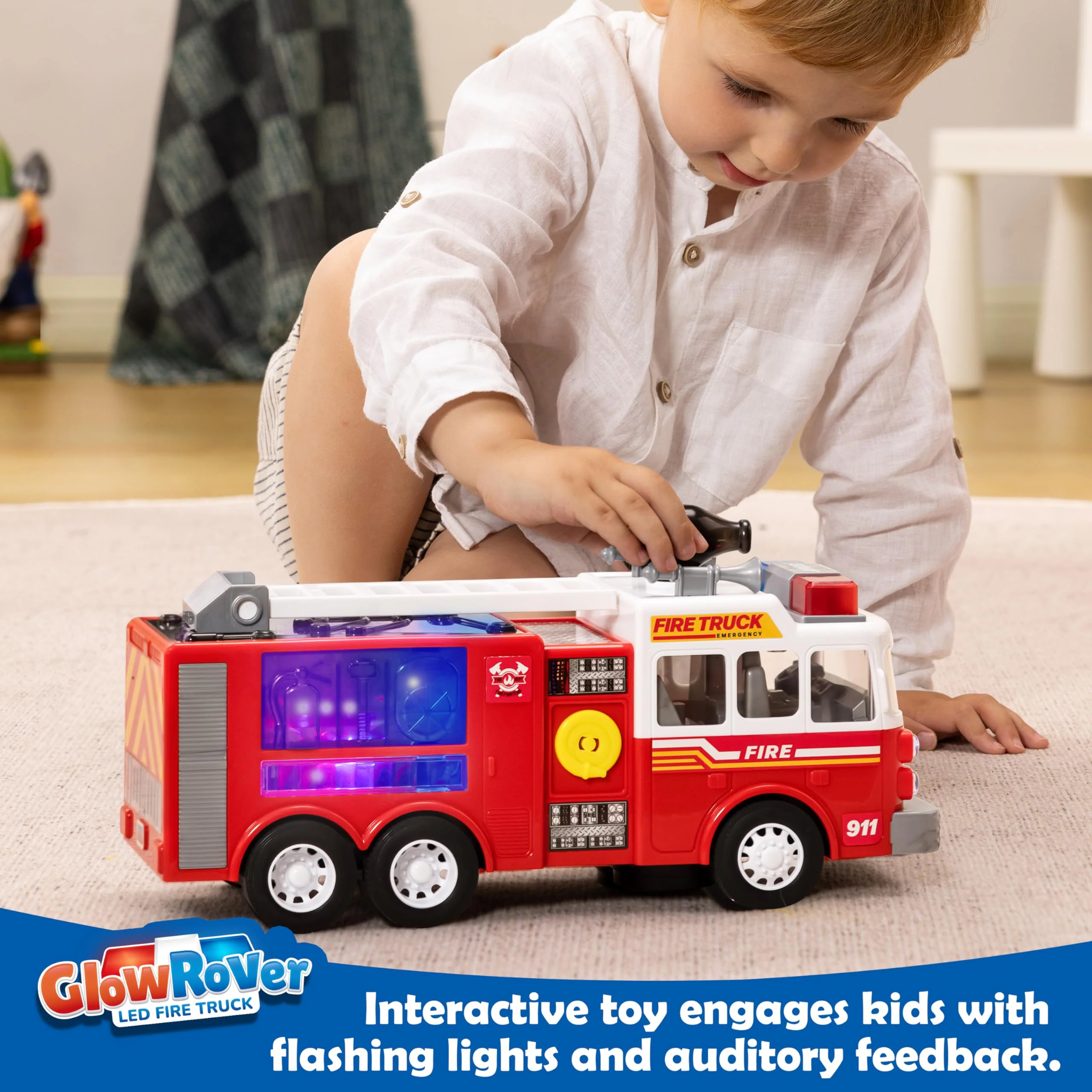 JOYIN LED Fire Truck Toy for Toddlers - LED Projections & Sirens, Bump and Go Fire Engine Trucks with Mode Switch & Volume Control, Kids Firetruck, Boy Toys, Christmas Birthday Gifts for Grandkids - Image 2