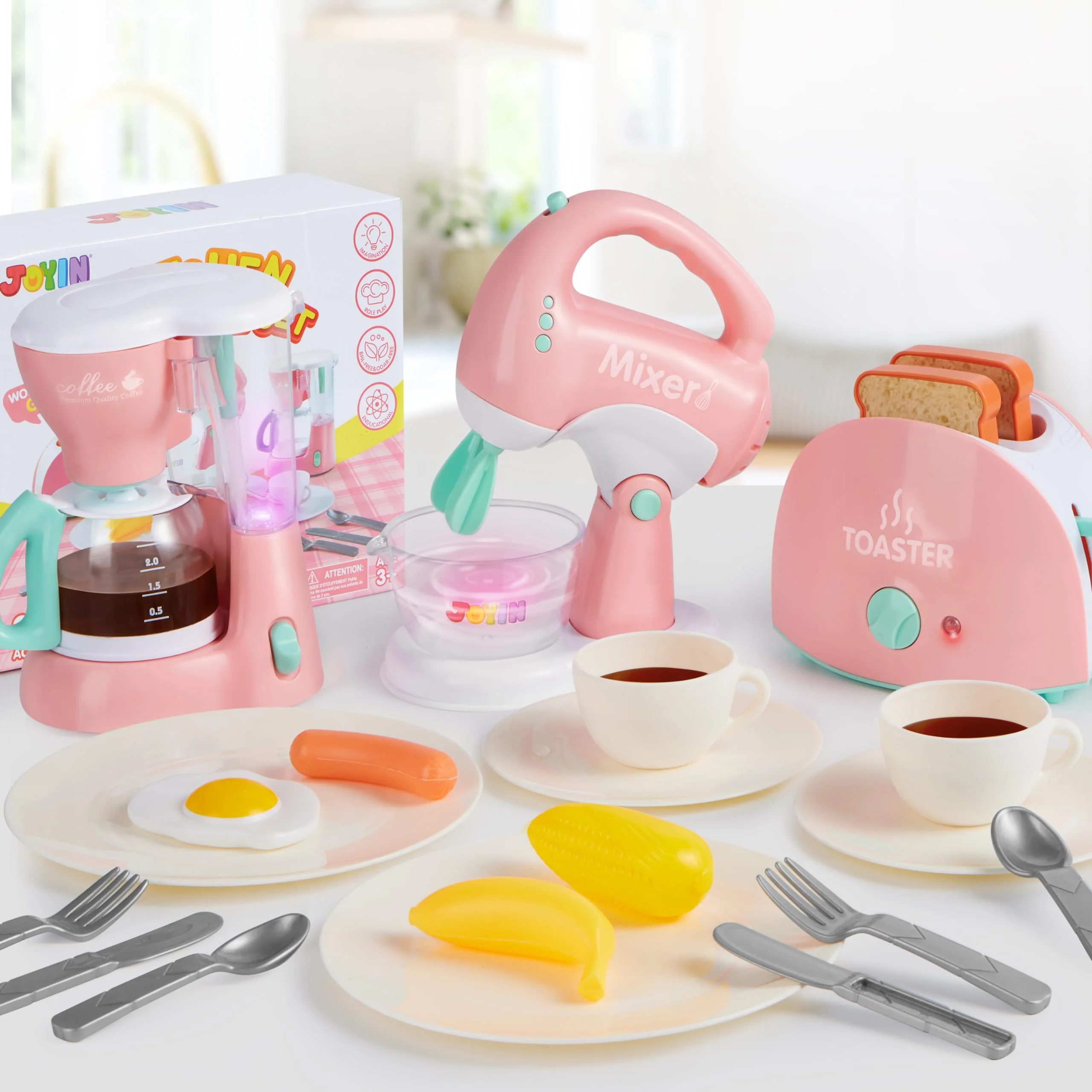 Joyin Play Kitchen Toys, Pretend and Play Food Kitchen Accessories Girls Toy with Coffee Maker, Mixer, Toaster with Realistic Lights& Sounds, Birthday Gift for Kids Gifts for Christmas - Image 3