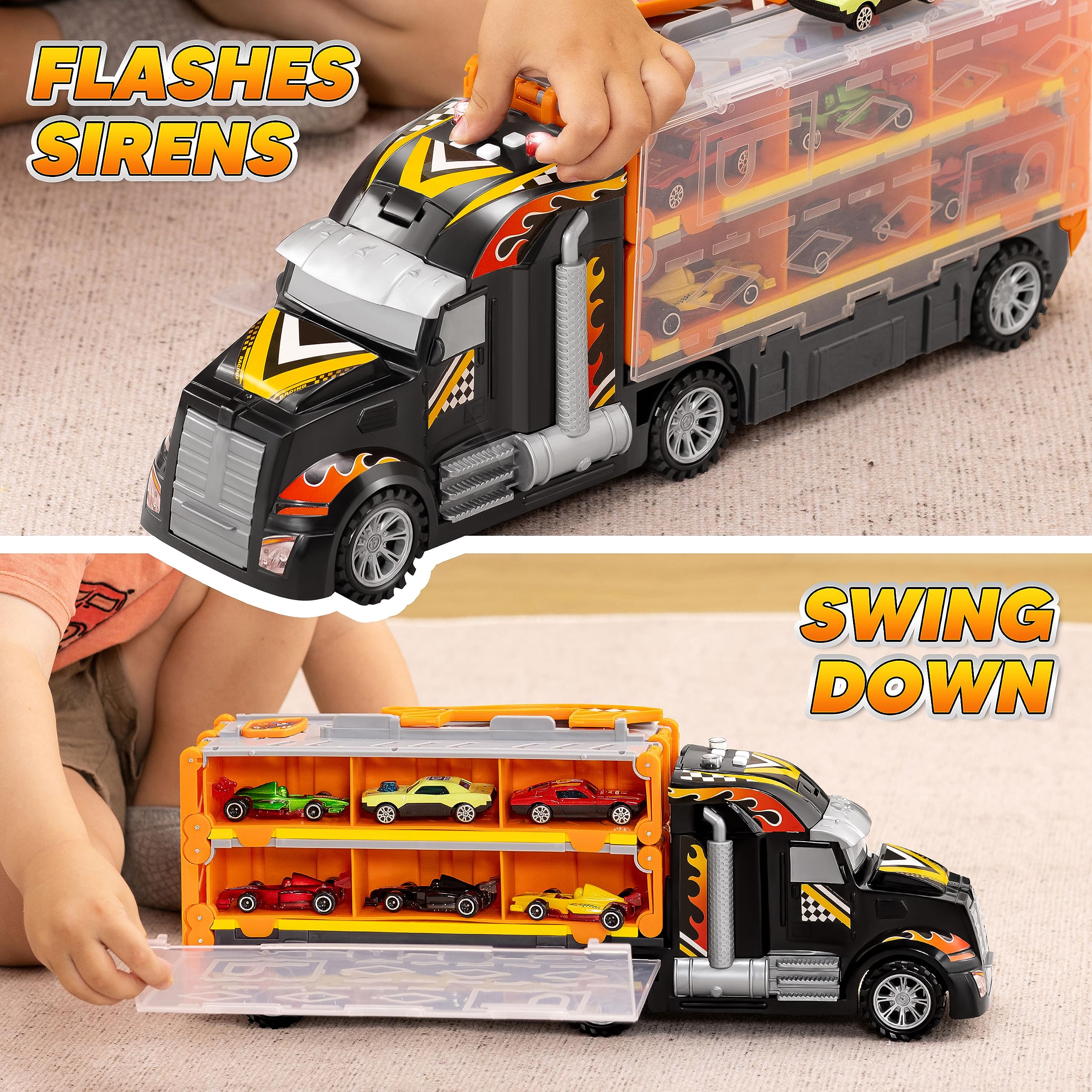JOYIN Toy Truck for Kids, Race Toy Cars, 60" Extra Long Race Track and 12 Die-Cast Metal Cars, Toddler Carrier Truck with Lights & Sounds, Christmas Birthday Gifts for 2 3 4 5 6 7 Years Old Grandkids - Image 2