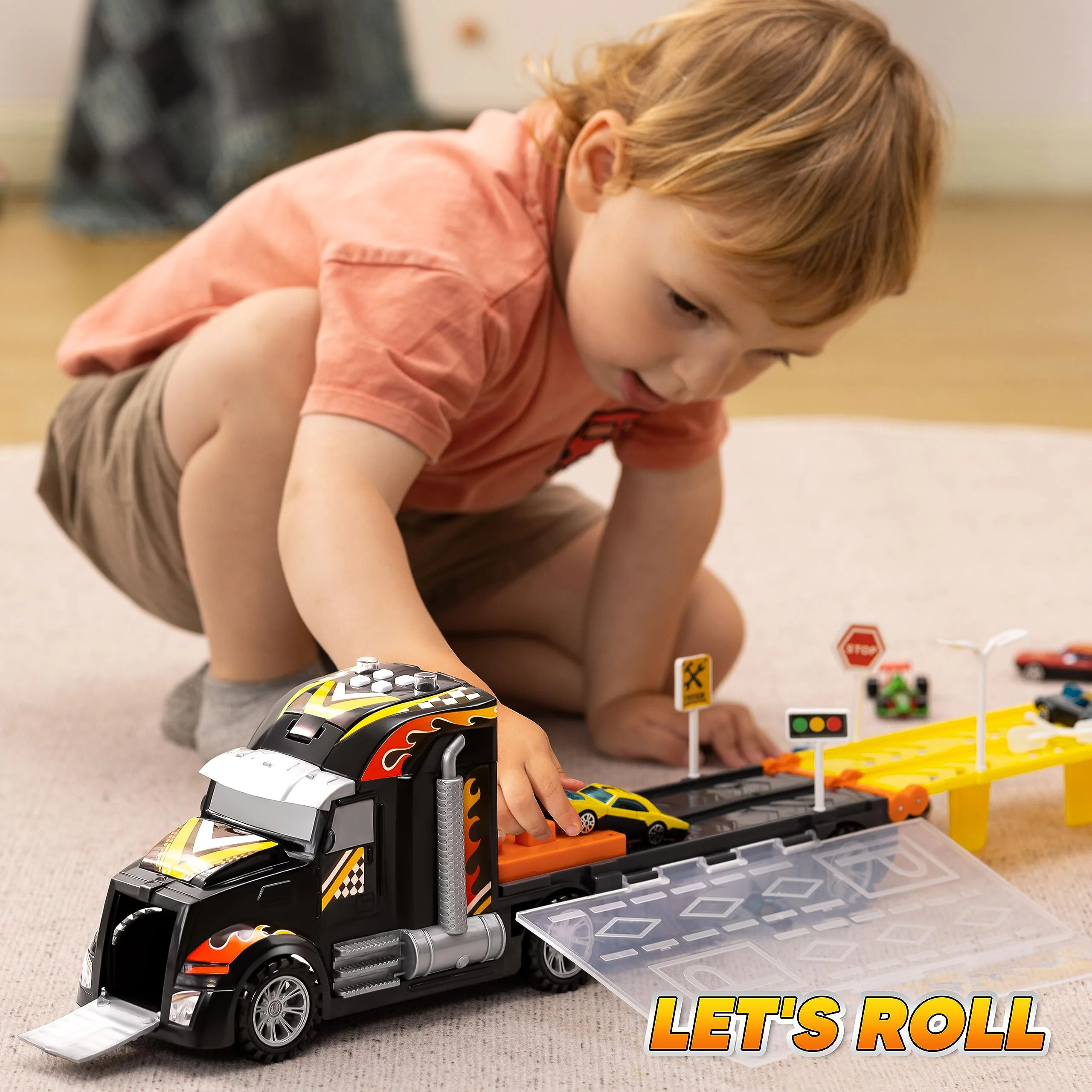 JOYIN Toy Truck for Kids, Race Toy Cars, 60" Extra Long Race Track and 12 Die-Cast Metal Cars, Toddler Carrier Truck with Lights & Sounds, Christmas Birthday Gifts for 2 3 4 5 6 7 Years Old Grandkids - Image 4