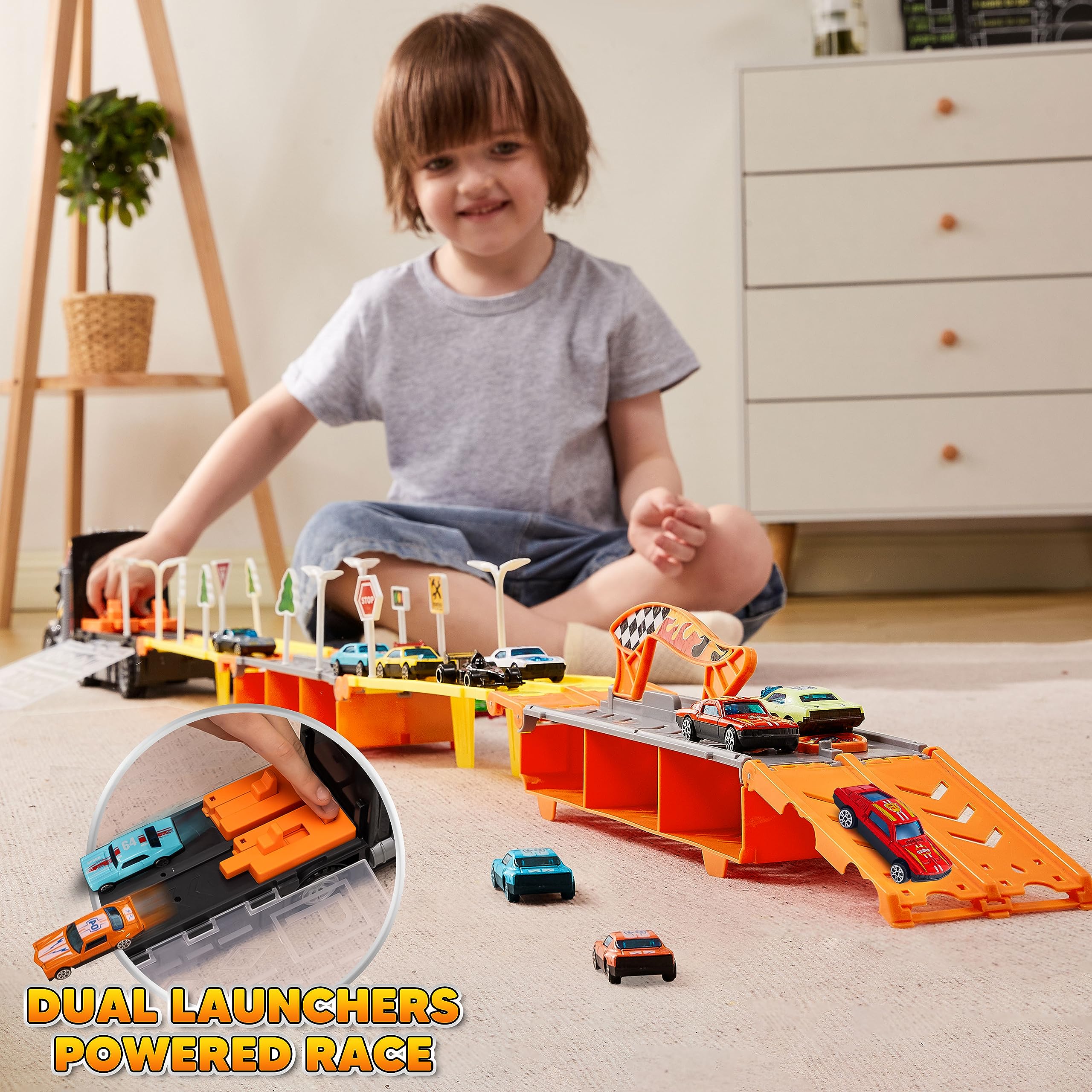 JOYIN Toy Truck for Kids, Race Toy Cars, 60" Extra Long Race Track and 12 Die-Cast Metal Cars, Toddler Carrier Truck with Lights & Sounds, Christmas Birthday Gifts for 2 3 4 5 6 7 Years Old Grandkids - Image 5