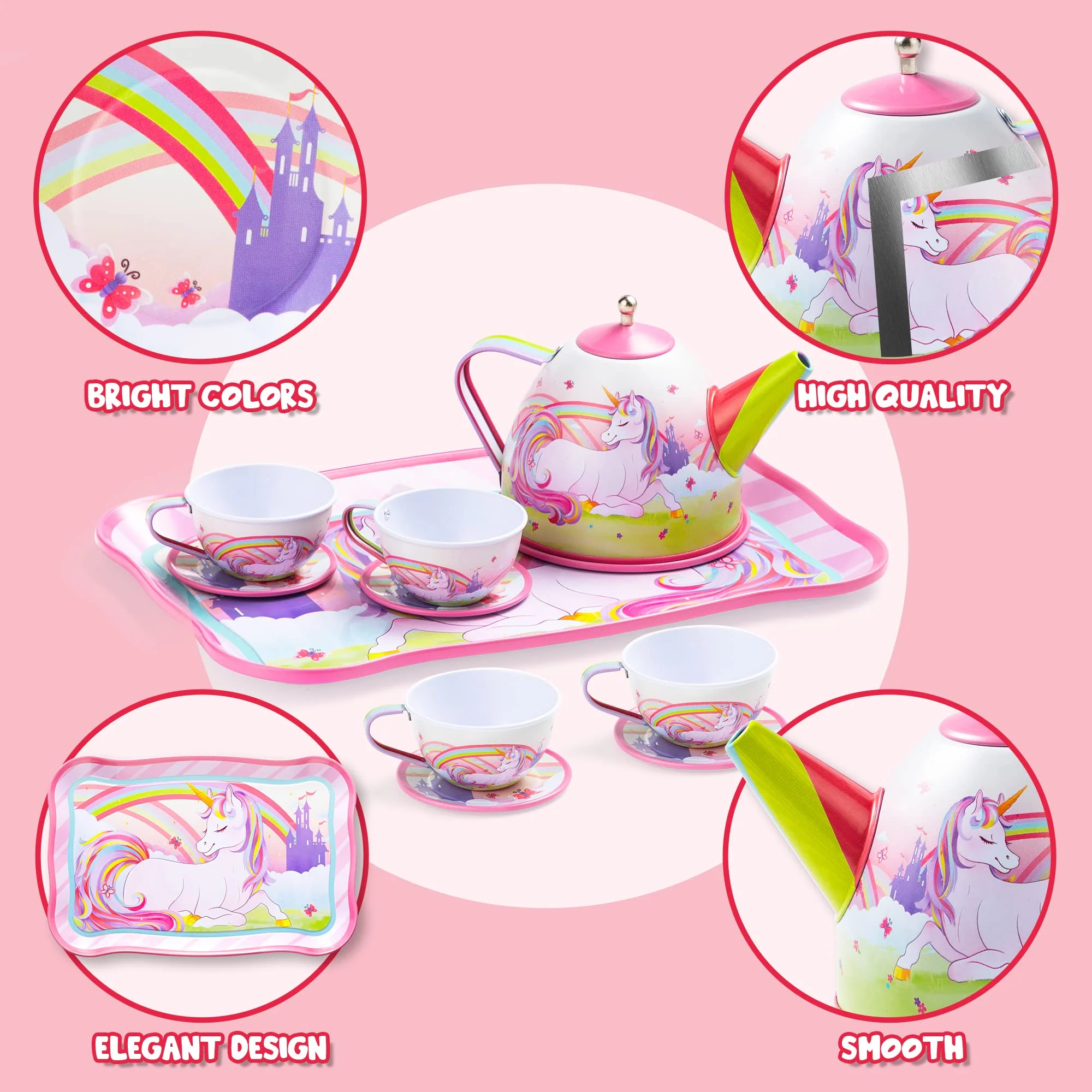 JOYIN Unicorn Tea Party Set for Little Girls, Pretend Pink Tin Teapot Set, Princess Tea Time Play Kitchen Toy with Teapot, Cup, Plate, Carrying Case for Kids Toddlers Age 3 4 5 6, Gift for Christmas - Image 10