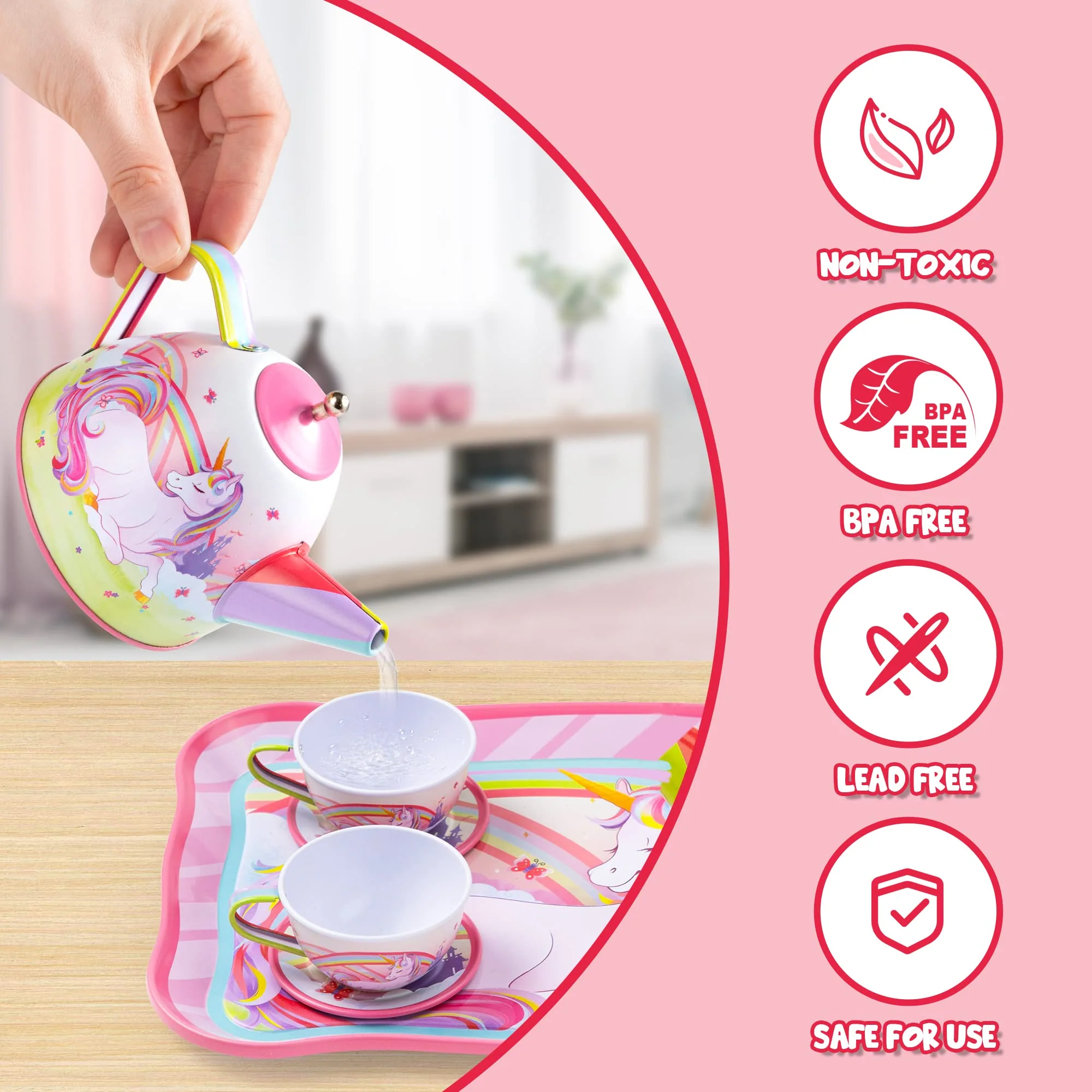 JOYIN Unicorn Tea Party Set for Little Girls, Pretend Pink Tin Teapot Set, Princess Tea Time Play Kitchen Toy with Teapot, Cup, Plate, Carrying Case for Kids Toddlers Age 3 4 5 6, Gift for Christmas - Image 11