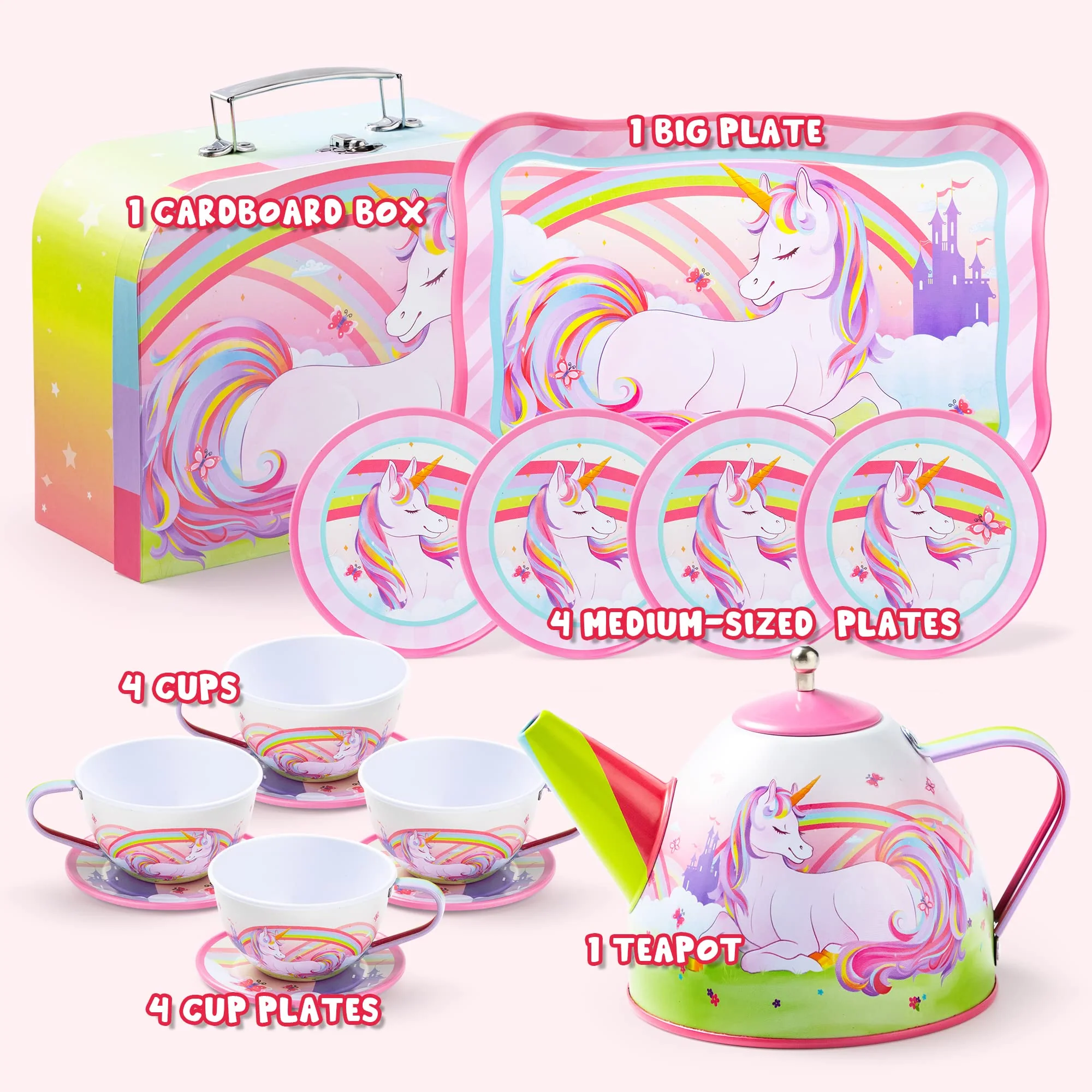 JOYIN Unicorn Tea Party Set for Little Girls, Pretend Pink Tin Teapot Set, Princess Tea Time Play Kitchen Toy with Teapot, Cup, Plate, Carrying Case for Kids Toddlers Age 3 4 5 6, Gift for Christmas - Image 12