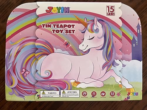 JOYIN Unicorn Tea Party Set for Little Girls, Pretend Pink Tin Teapot Set, Princess Tea Time Play Kitchen Toy with Teapot, Cup, Plate, Carrying Case for Kids Toddlers Age 3 4 5 6, Gift for Christmas - Image 4