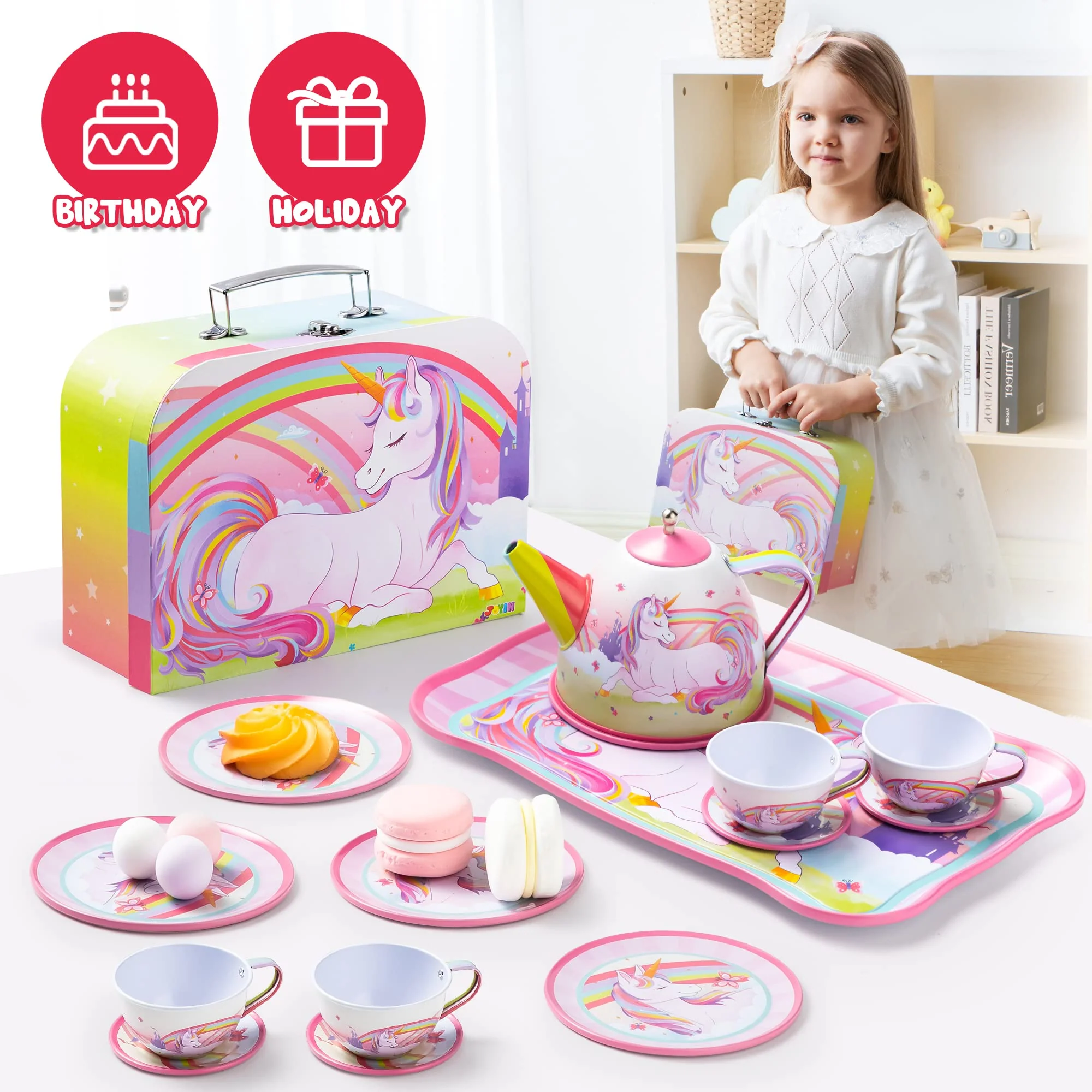 JOYIN Unicorn Tea Party Set for Little Girls, Pretend Pink Tin Teapot Set, Princess Tea Time Play Kitchen Toy with Teapot, Cup, Plate, Carrying Case for Kids Toddlers Age 3 4 5 6, Gift for Christmas - Image 6