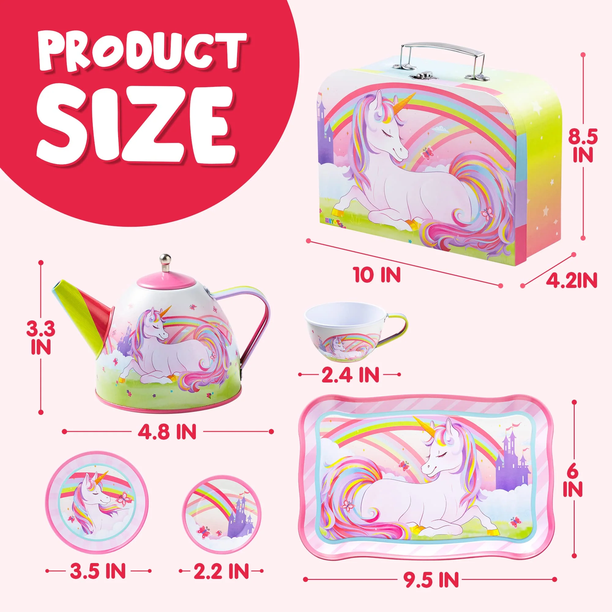 JOYIN Unicorn Tea Party Set for Little Girls, Pretend Pink Tin Teapot Set, Princess Tea Time Play Kitchen Toy with Teapot, Cup, Plate, Carrying Case for Kids Toddlers Age 3 4 5 6, Gift for Christmas - Image 7