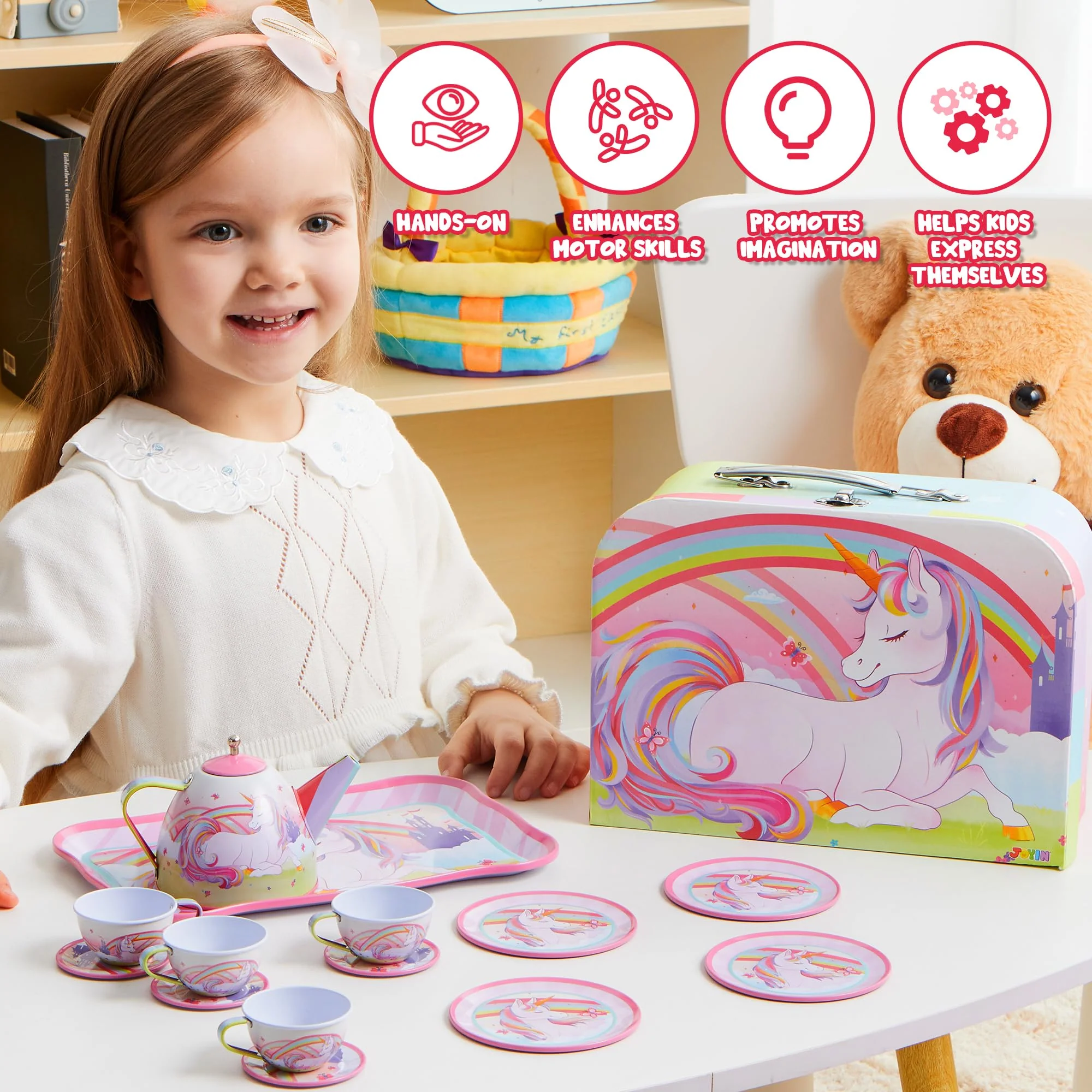 JOYIN Unicorn Tea Party Set for Little Girls, Pretend Pink Tin Teapot Set, Princess Tea Time Play Kitchen Toy with Teapot, Cup, Plate, Carrying Case for Kids Toddlers Age 3 4 5 6, Gift for Christmas - Image 8