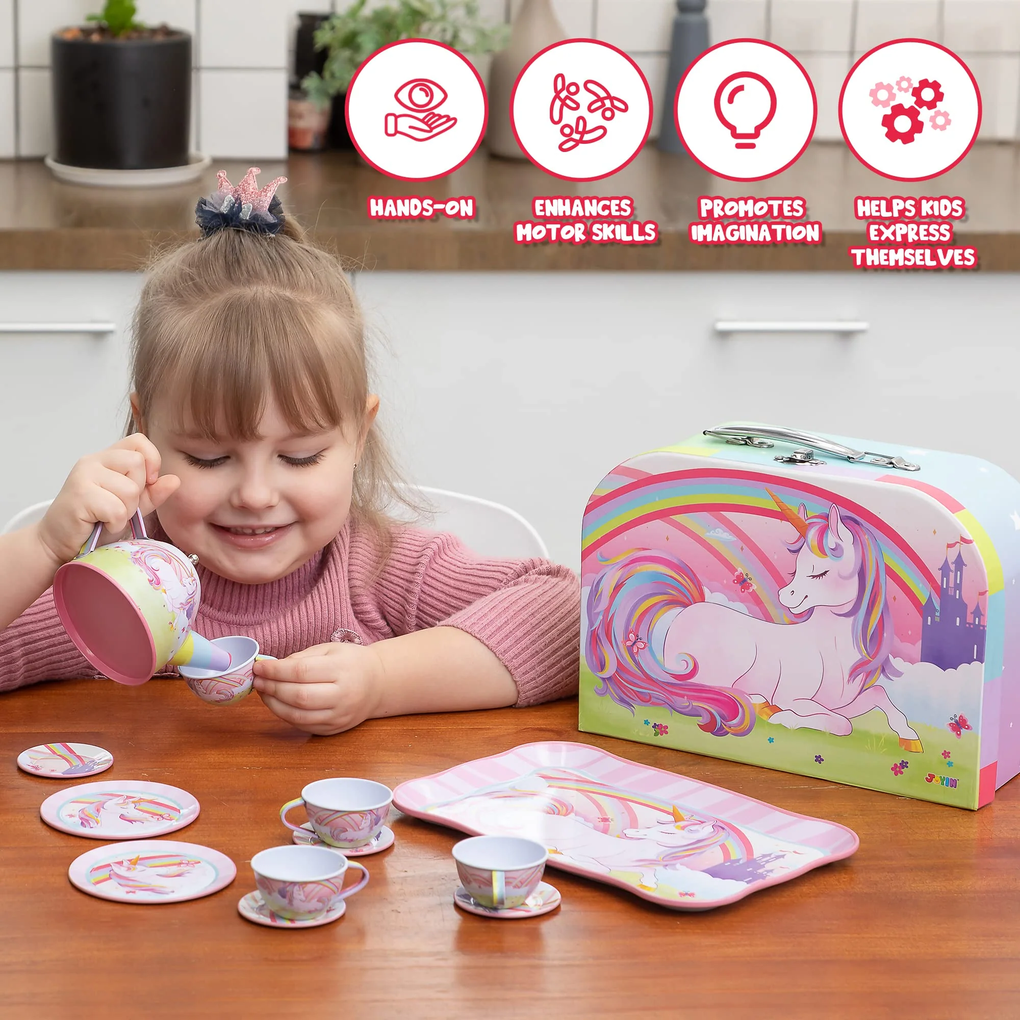 JOYIN Unicorn Tea Party Set for Little Girls, Pretend Pink Tin Teapot Set, Princess Tea Time Play Kitchen Toy with Teapot, Cup, Plate, Carrying Case for Kids Toddlers Age 3 4 5 6, Gift for Christmas - Image 9