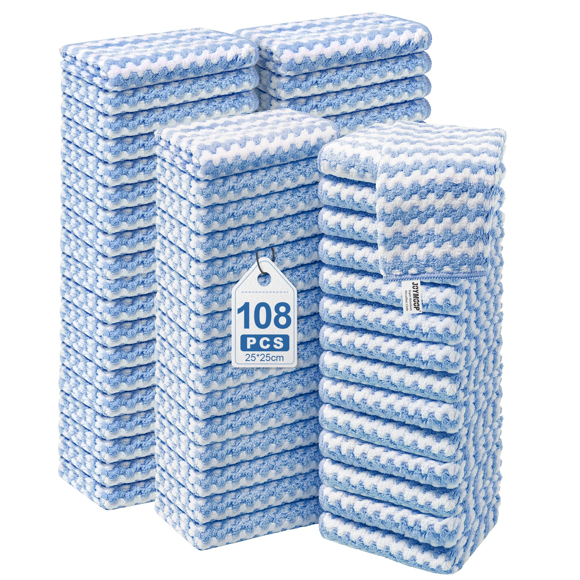 JOYMOOP 108 Packs Microfiber Cleaning Cloths, 10" x 10" Reusable Kitchen Towels, Lint-Free Cleaning Rags, Super Absorbent Cleaning Cloths for Kitchen, Car, and Household Cleaning, Blue