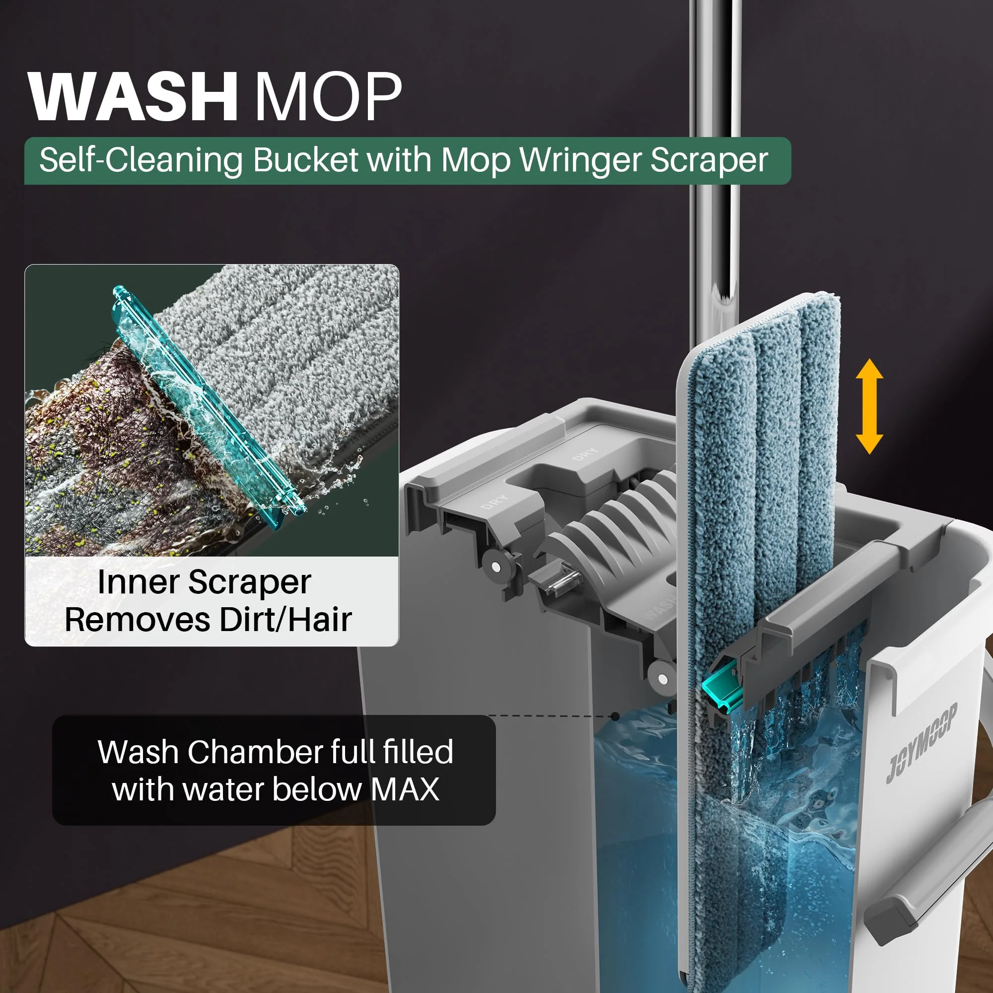 JOYMOOP Mop and Bucket Set, Flat Mop Flat Head, Microfiber Dust Mops for Household & Commercial Wall Cleaner with Long Handle, Hands-Free Floor Cleaning - Image 3