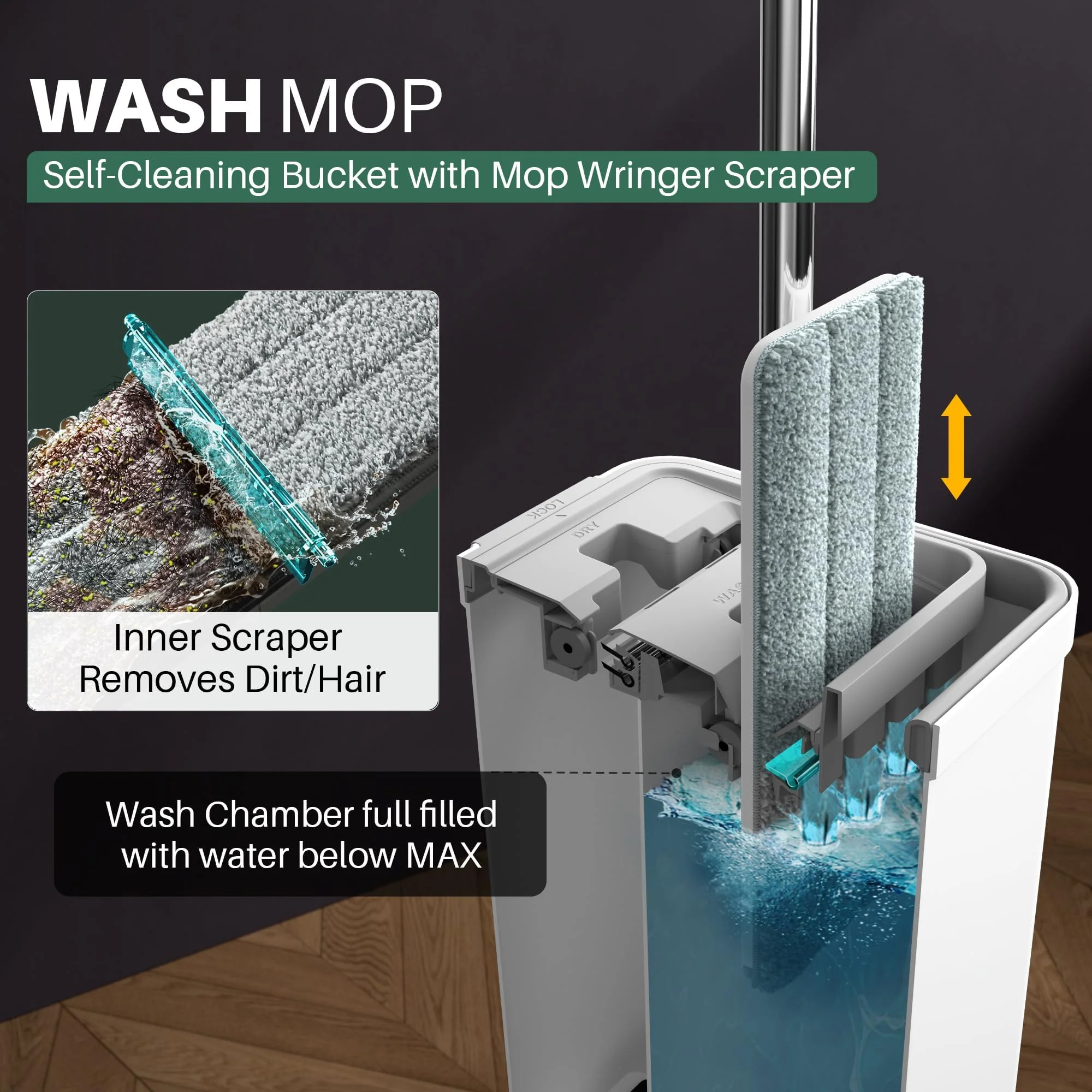 JOYMOOP Mop and Bucket with Wringer Set for Home, Flat Mop and Bucket System, Mops for Floor Cleaning and Wall Cleaner, with 3 Reusable Microfiber Mop Pads - Image 2