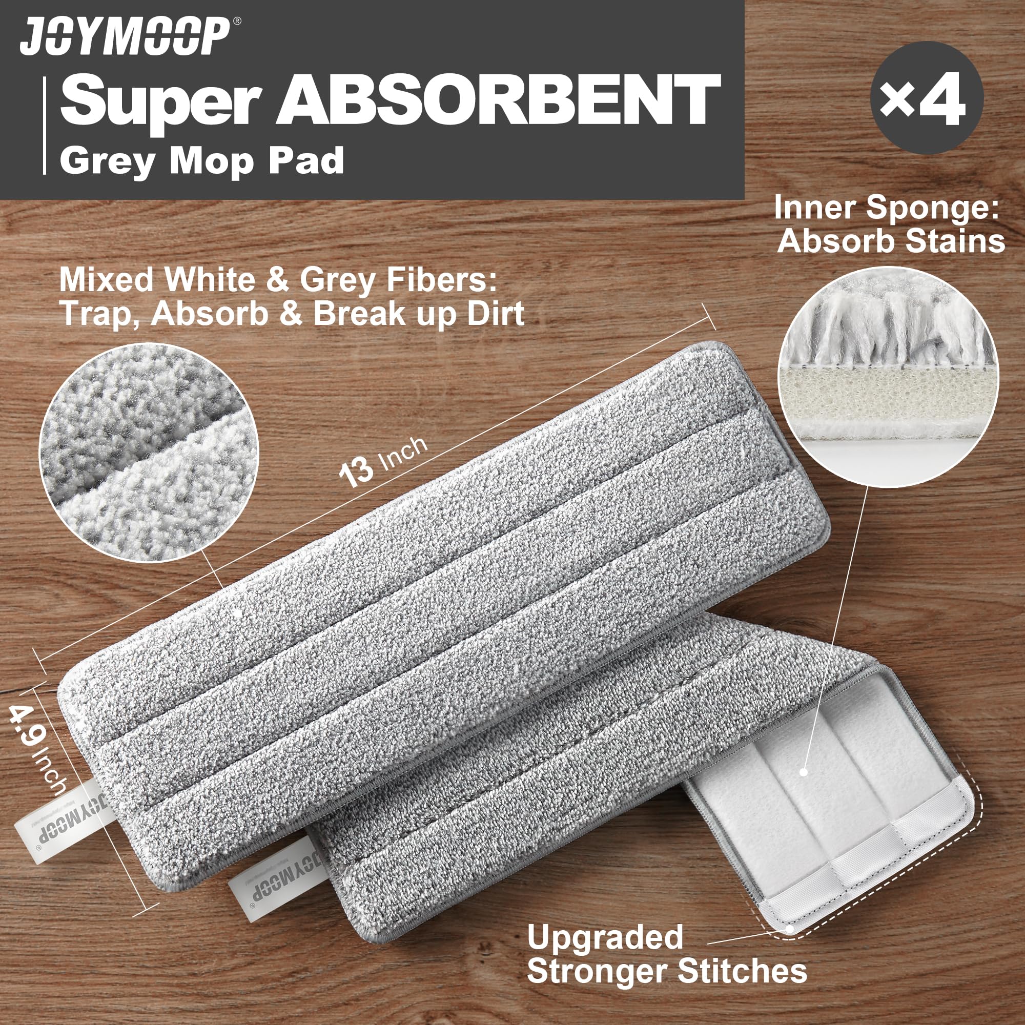 JOYMOOP Mop Replacement Pads, 4-Pack 13" × 4.9" Microfiber Flat Mop Refills, Dual Grey & Stripe Pads for Wet & Dry Cleaning, Fits JOYMOOP Mop Head Refills, Machine Washable, Durable, Scratch-Free - Image 9