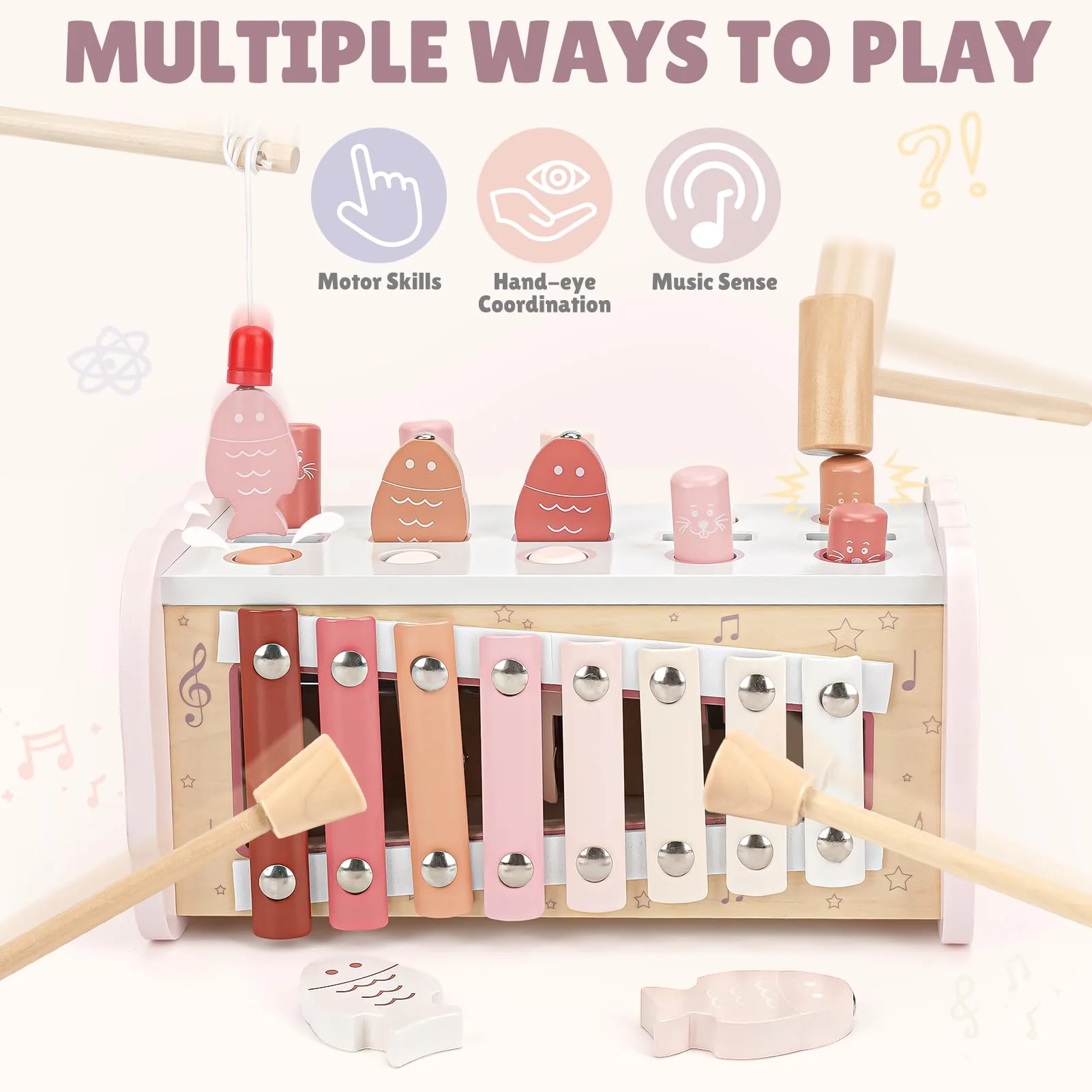 Joyreal Montessori Toys for 1 Year Old Girl Gift - Pink Wooden Hammering Pounding Toy with Xylophone & Fishing Game - Toddler Learning Activities for Kids 1+ 2 3 Year Old Christmas Birthday Gifts - Image 3