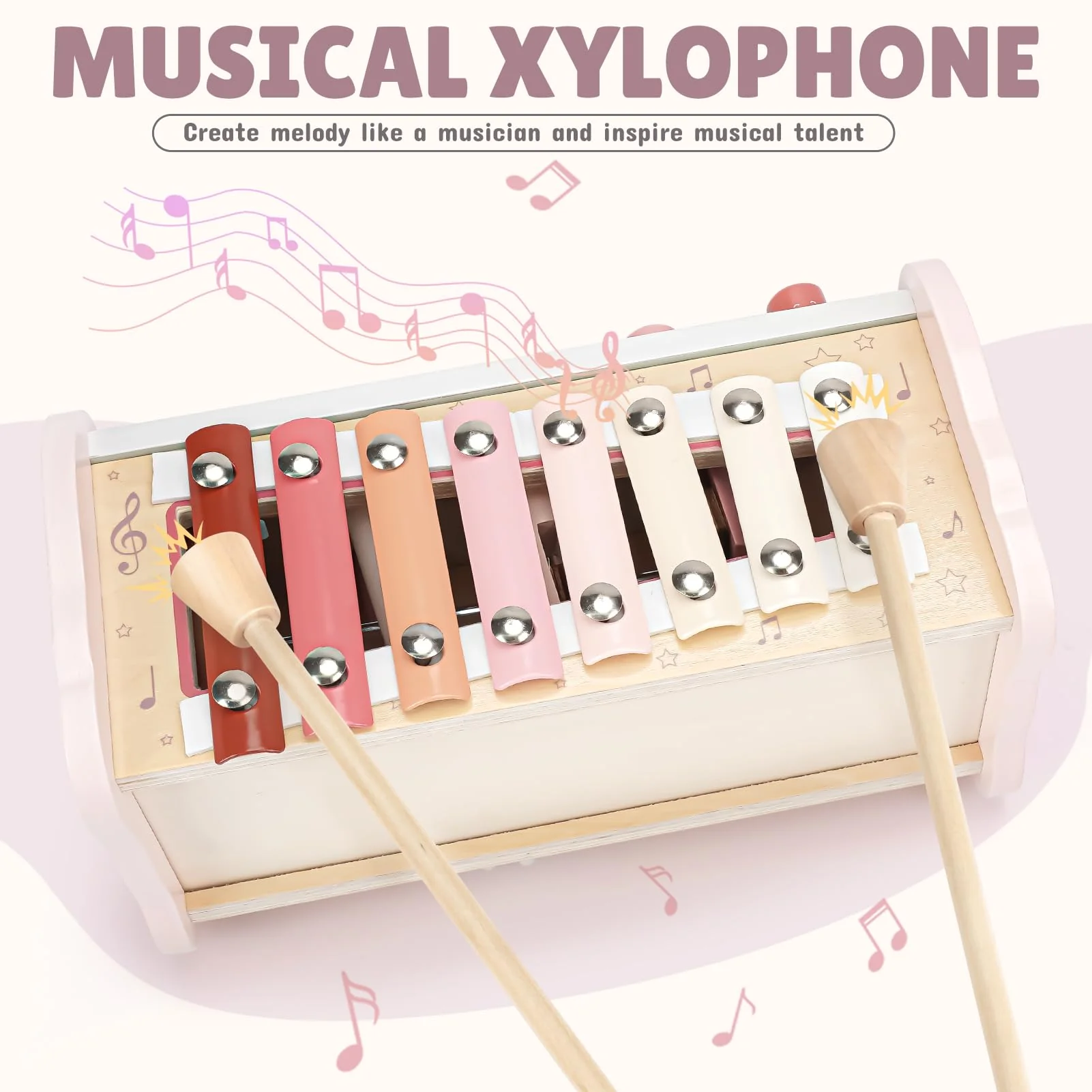 Joyreal Montessori Toys for 1 Year Old Girl Gift - Pink Wooden Hammering Pounding Toy with Xylophone & Fishing Game - Toddler Learning Activities for Kids 1+ 2 3 Year Old Christmas Birthday Gifts - Image 5