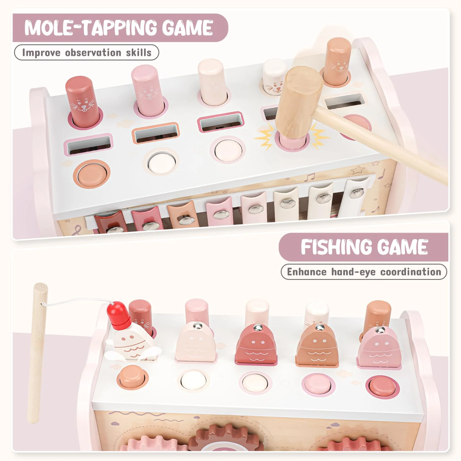 Joyreal Montessori Toys for 1 Year Old Girl Gift - Pink Wooden Hammering Pounding Toy with Xylophone & Fishing Game - Toddler Learning Activities for Kids 1+ 2 3 Year Old Christmas Birthday Gifts - Image 6