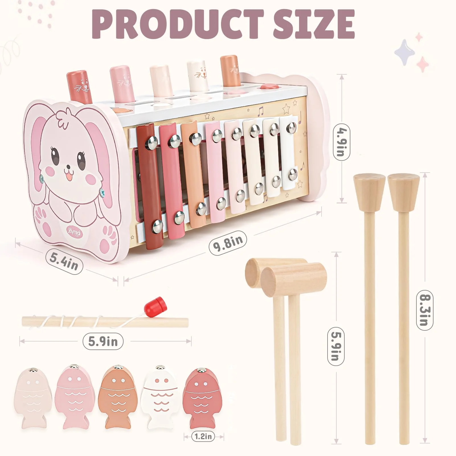 Joyreal Montessori Toys for 1 Year Old Girl Gift - Pink Wooden Hammering Pounding Toy with Xylophone & Fishing Game - Toddler Learning Activities for Kids 1+ 2 3 Year Old Christmas Birthday Gifts - Image 7