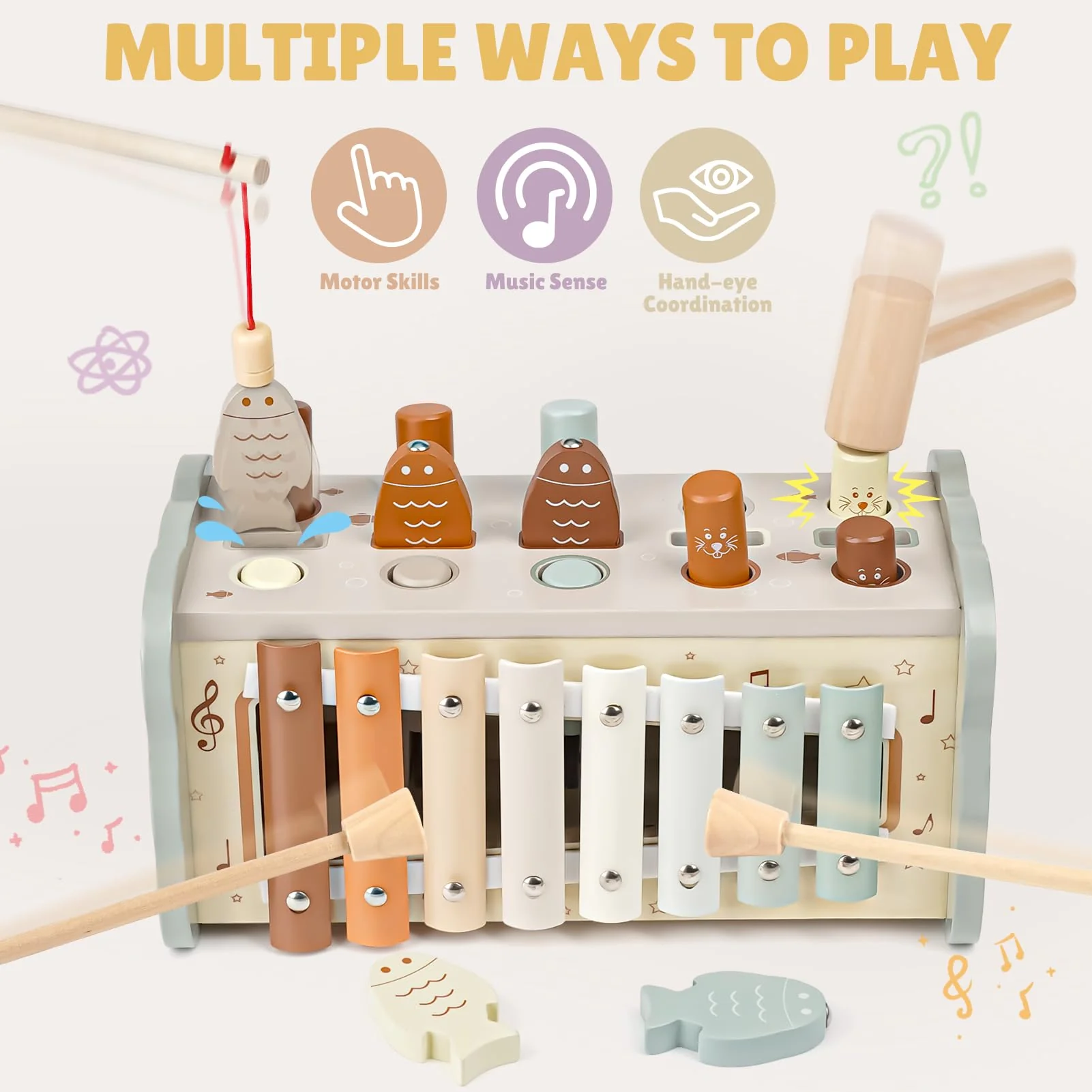 Joyreal Wooden Montessori Toys for 1 Year Old - Hammering Pounding Toy with Xylophone & Fishing Game - Educational Toddler Activities for 1 2 3 Year Old Christmas Birthday Gifts - Image 4