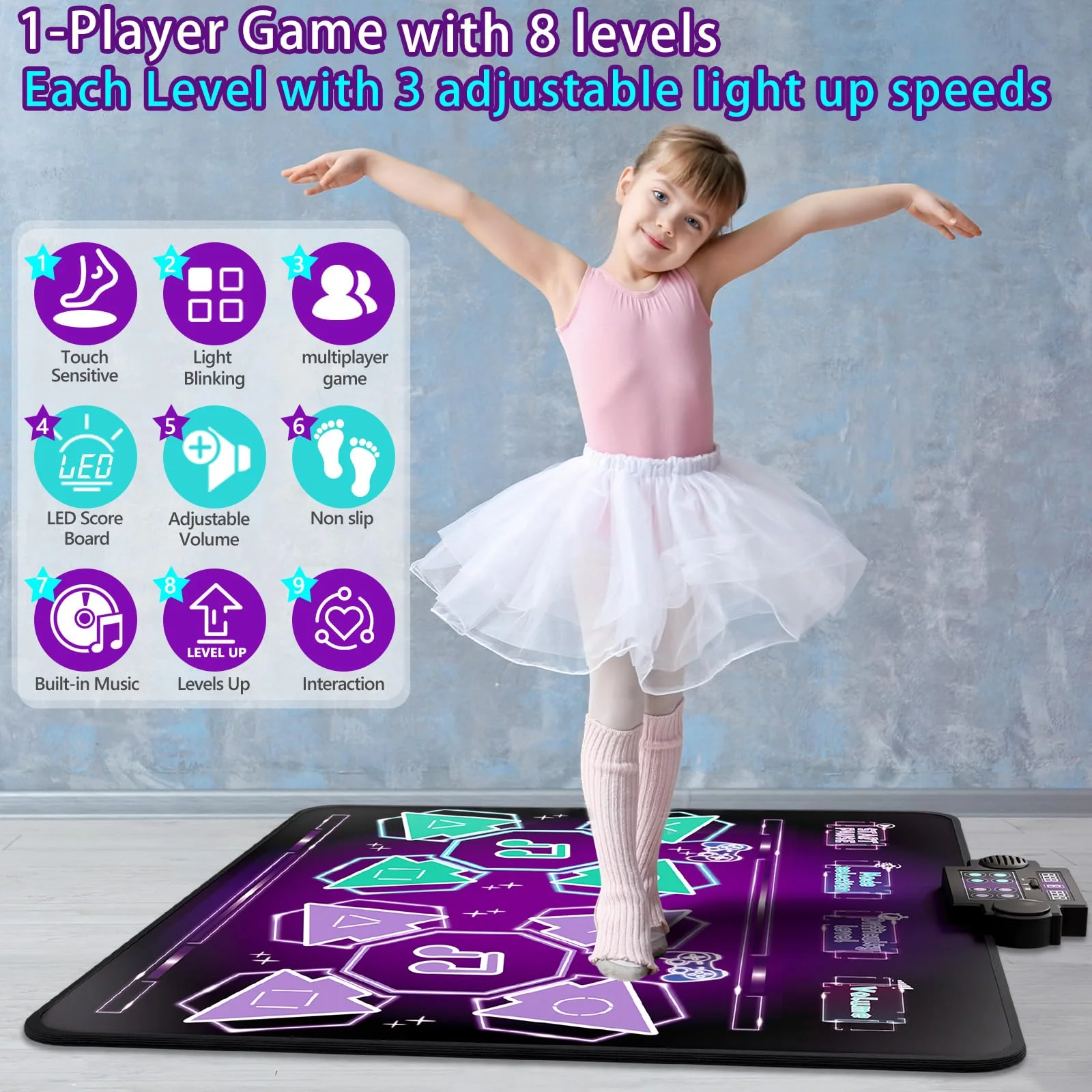 Joyvalley Kids Dance Mat Toys - 2-Player Dance Pad Gifts for Girls Boys Toddlers 3 4 5 6 7 8 9 + Year Old Electronic Dancing Mat Floor Games Toy with Music Light Christmas Birthday Gift (Purple) - Image 6